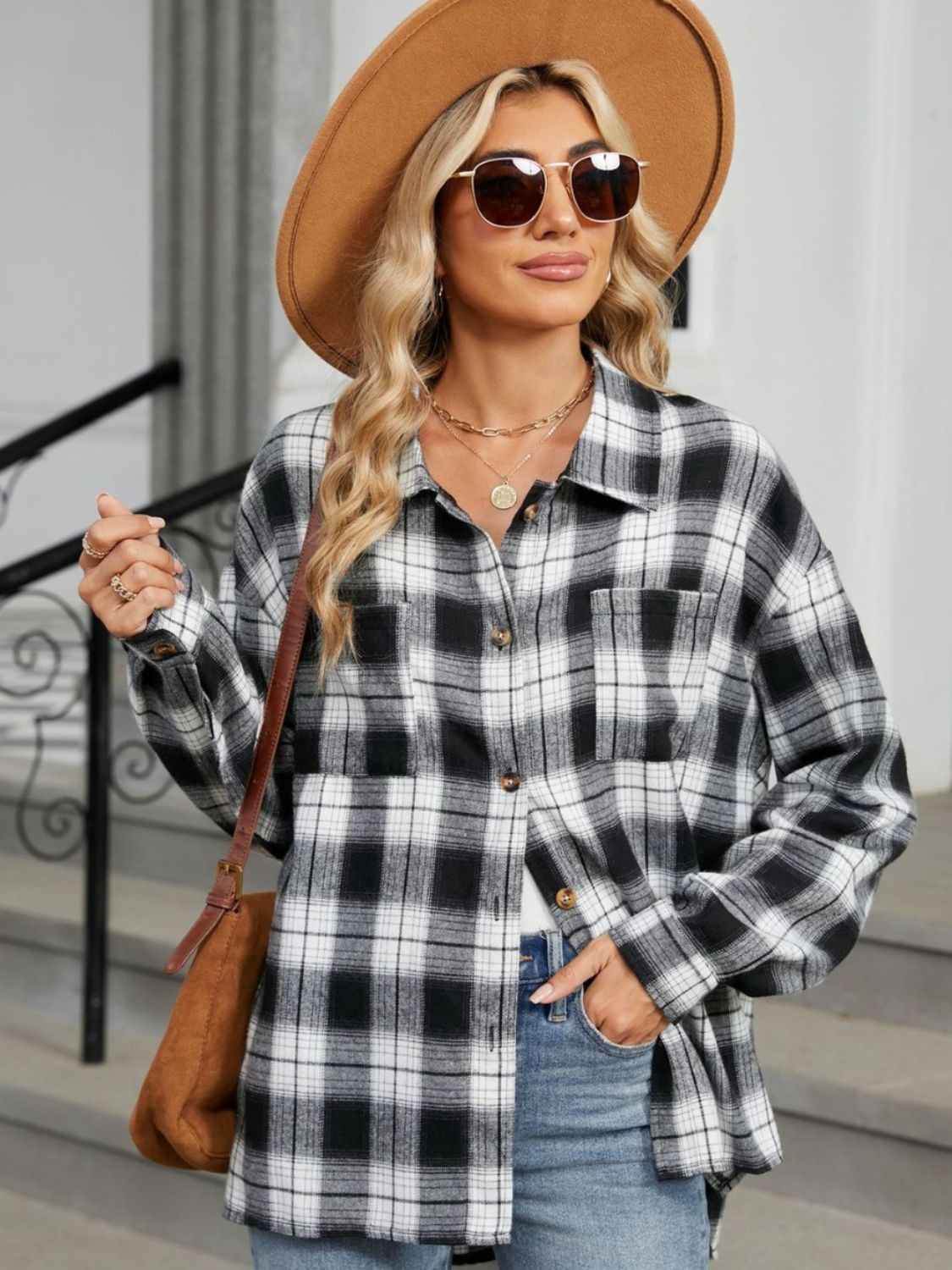 Plaid Collared Neck Long Sleeve Shirt - Tippy Jean