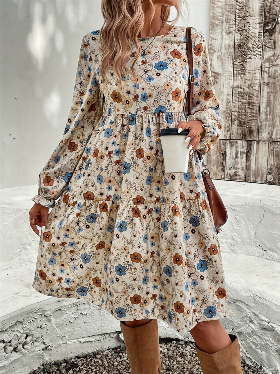 Ruffled Printed Round Neck Long Sleeve Dress - Tippy Jean