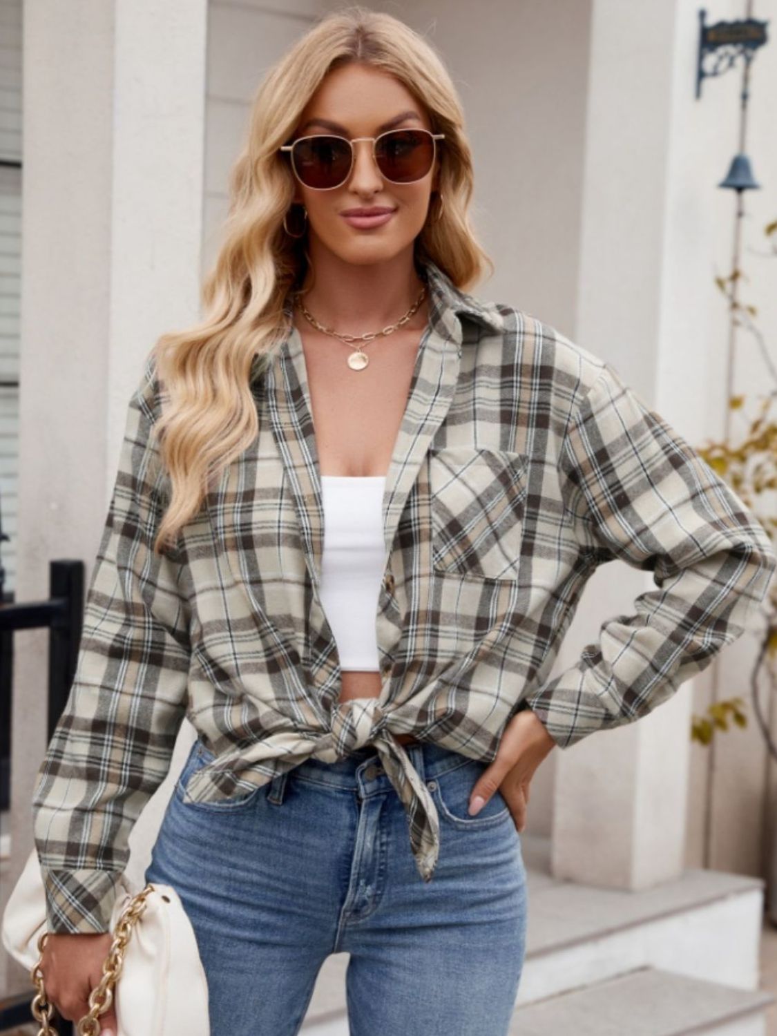 Mandy Pocketed Plaid Collared Neck Long Sleeve Shirt - Tippy Jean