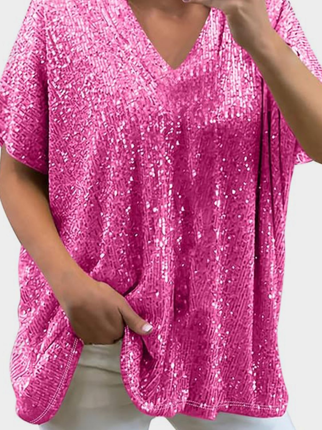 Full Size Sequin V-Neck Short Sleeve Top - Tippy Jean