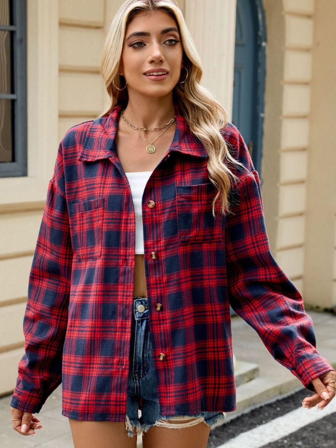 Plaid Collared Neck Long Sleeve Shirt - Tippy Jean