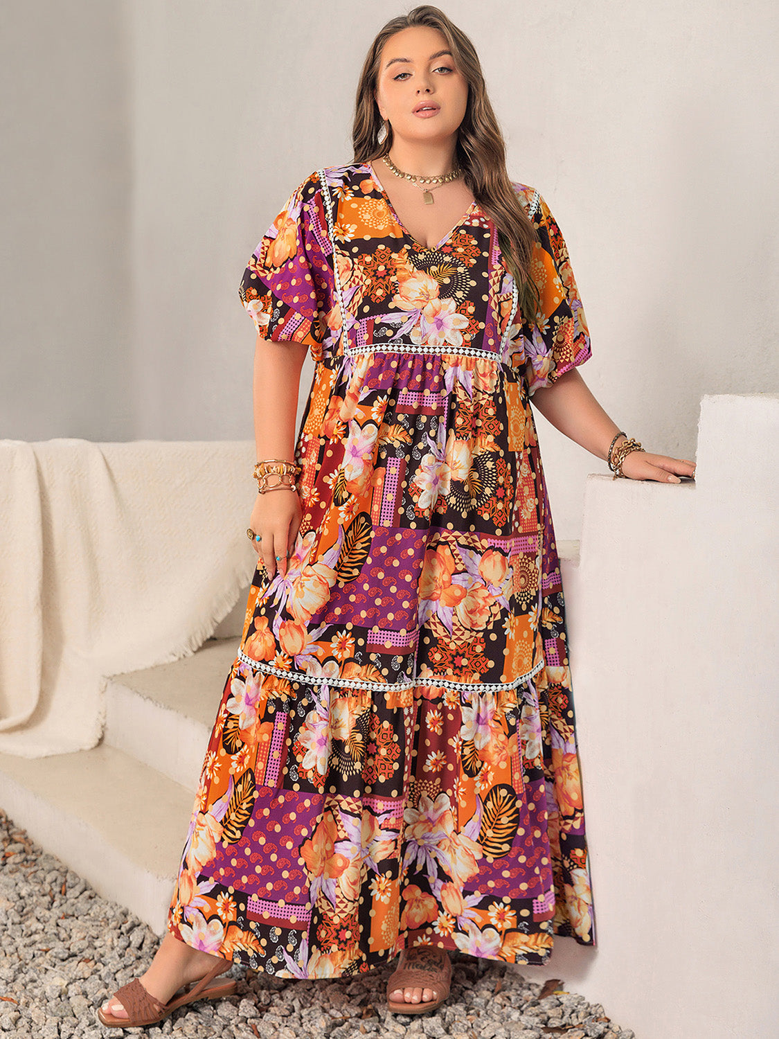 Plus Size Printed V-Neck Half Sleeve Maxi Dress - Tippy Jean