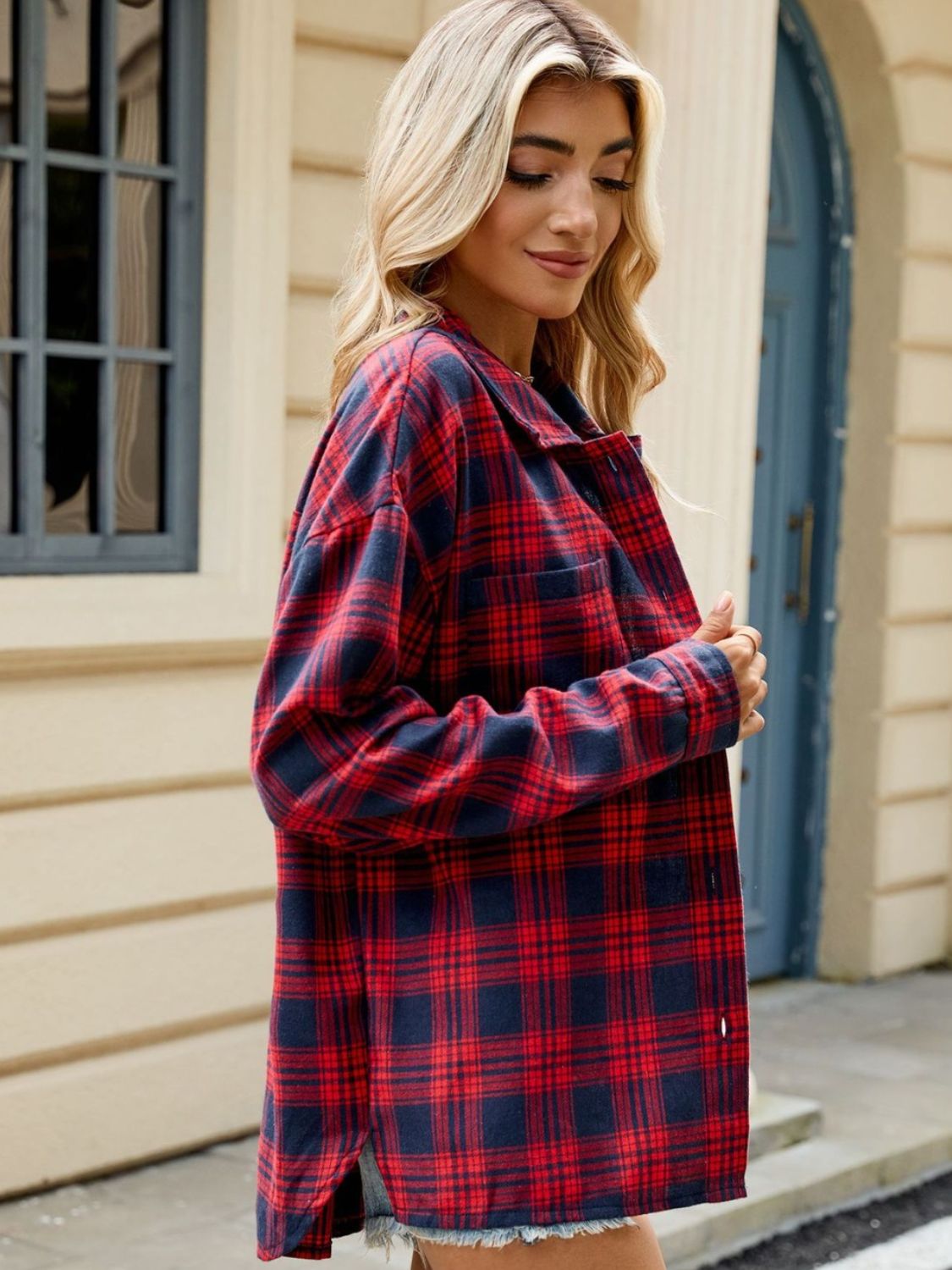 Plaid Collared Neck Long Sleeve Shirt - Tippy Jean