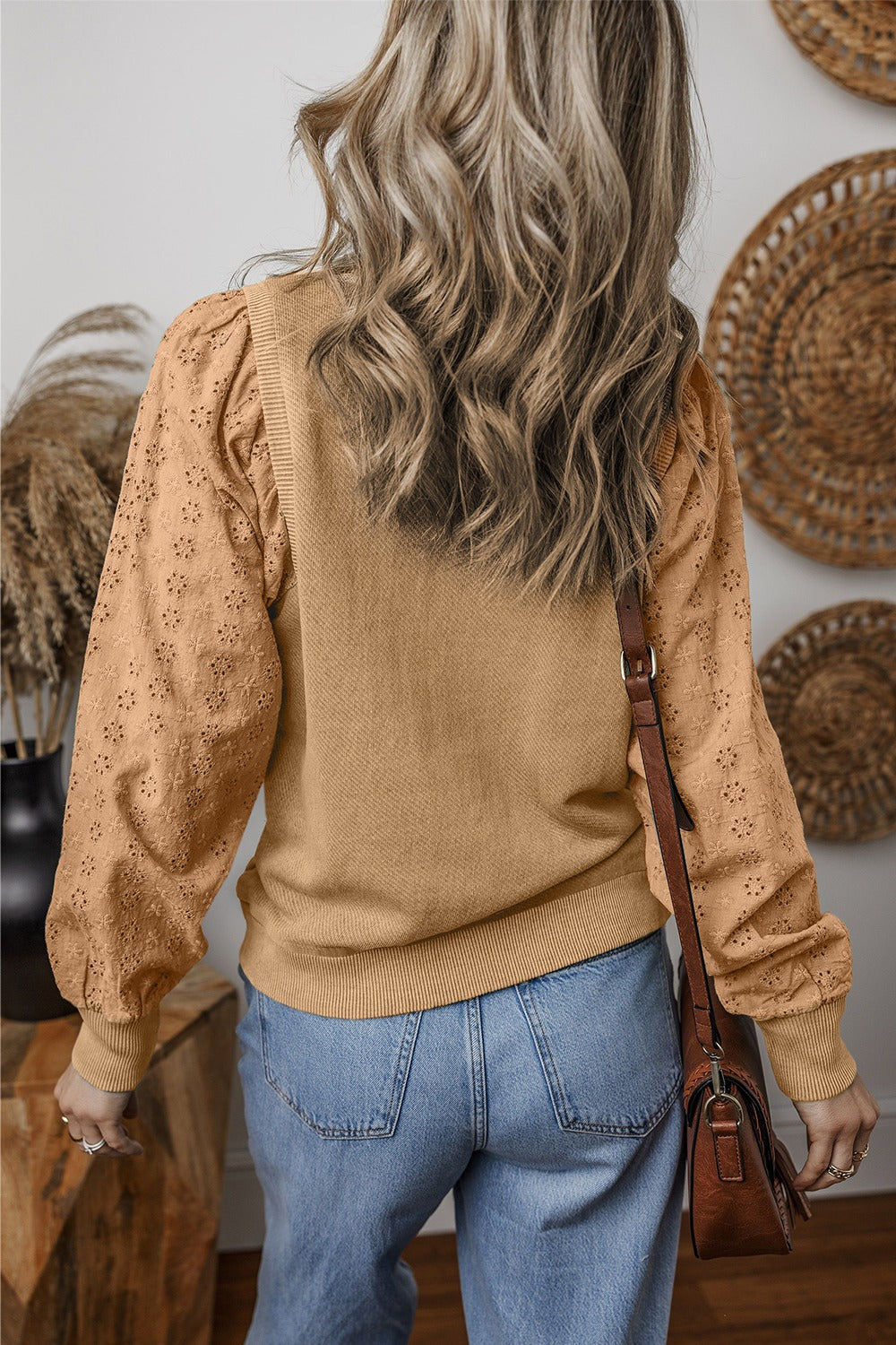 Eyelet Round Neck Long Sleeve Sweatshirt - Tippy Jean