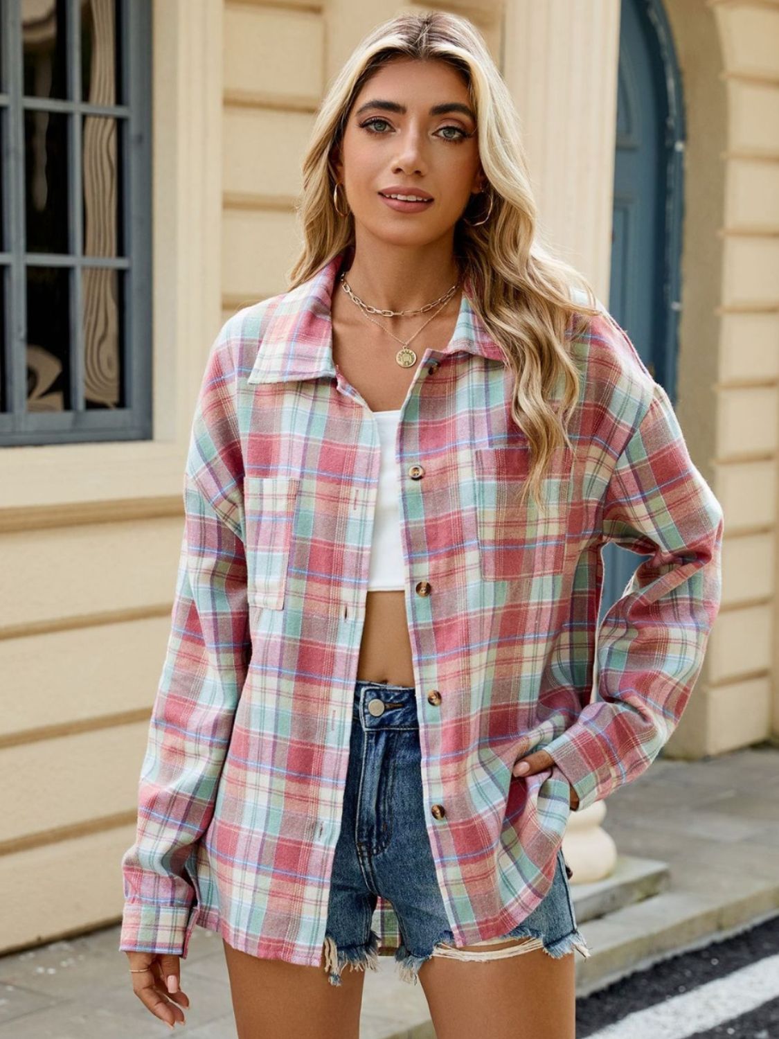 Plaid Collared Neck Long Sleeve Shirt - Tippy Jean