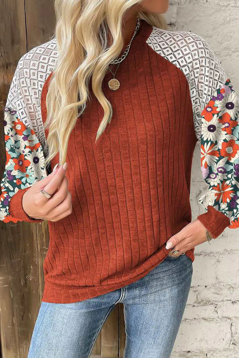 Printed Round Neck Long Sleeve Top - Tippy Jean