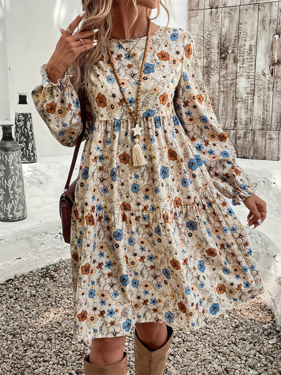 Ruffled Printed Round Neck Long Sleeve Dress - Tippy Jean