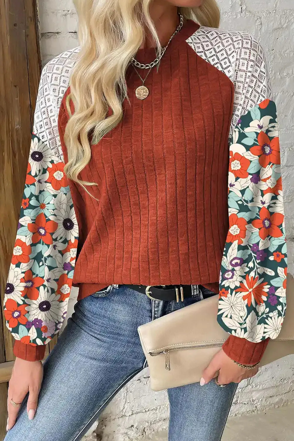 Printed Round Neck Long Sleeve Top - Tippy Jean