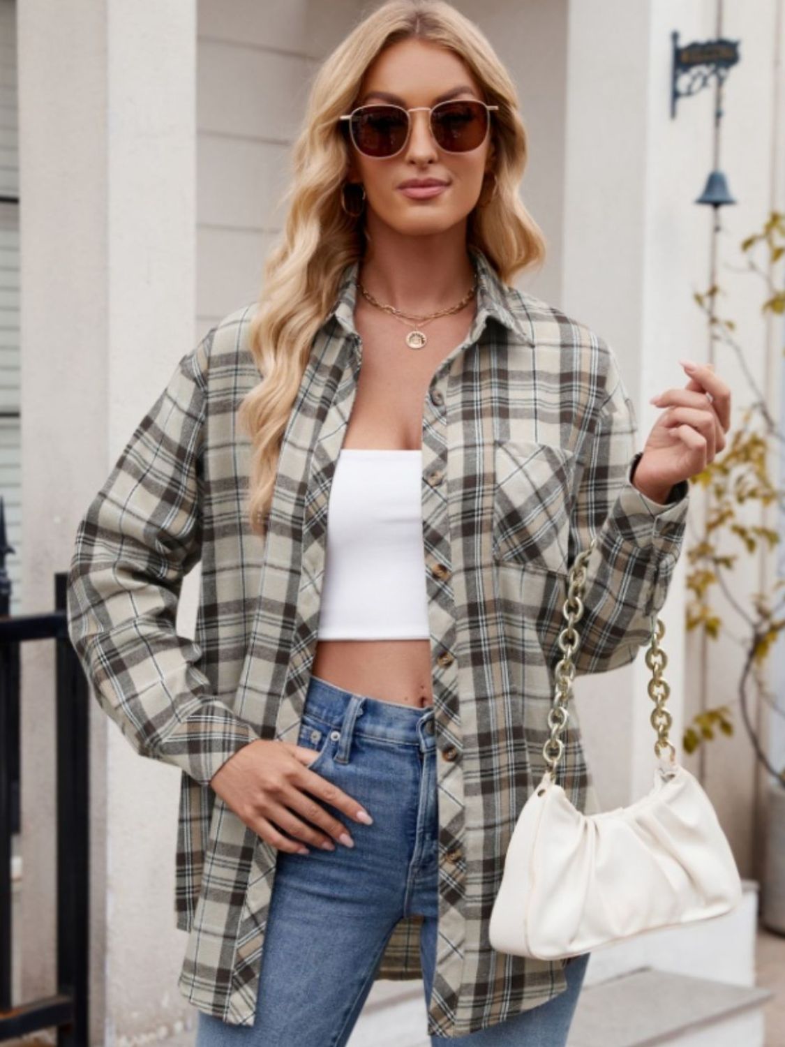 Mandy Pocketed Plaid Collared Neck Long Sleeve Shirt - Tippy Jean