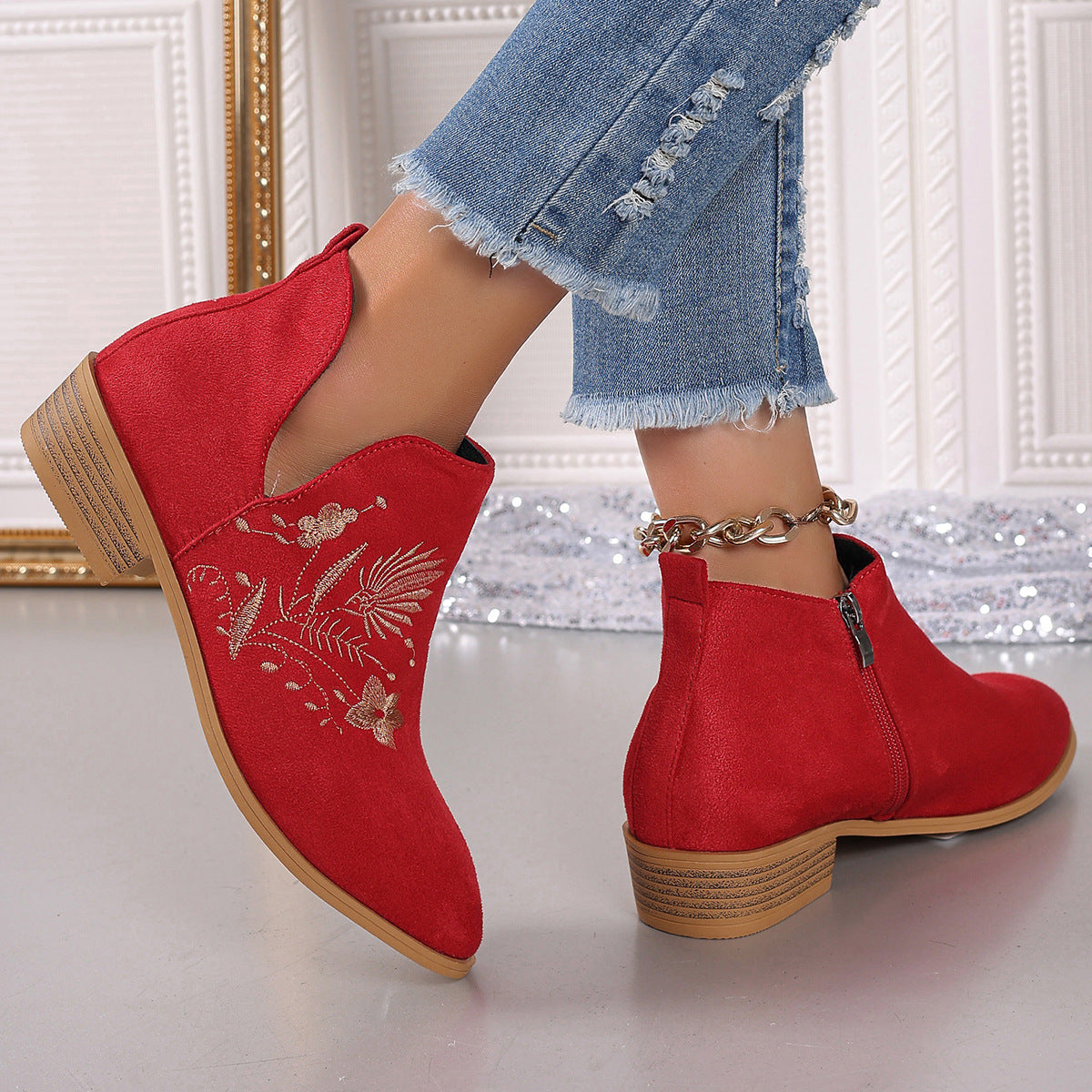 Embroidered Suede Point Toe Block Heel Boots - Tippy Jean