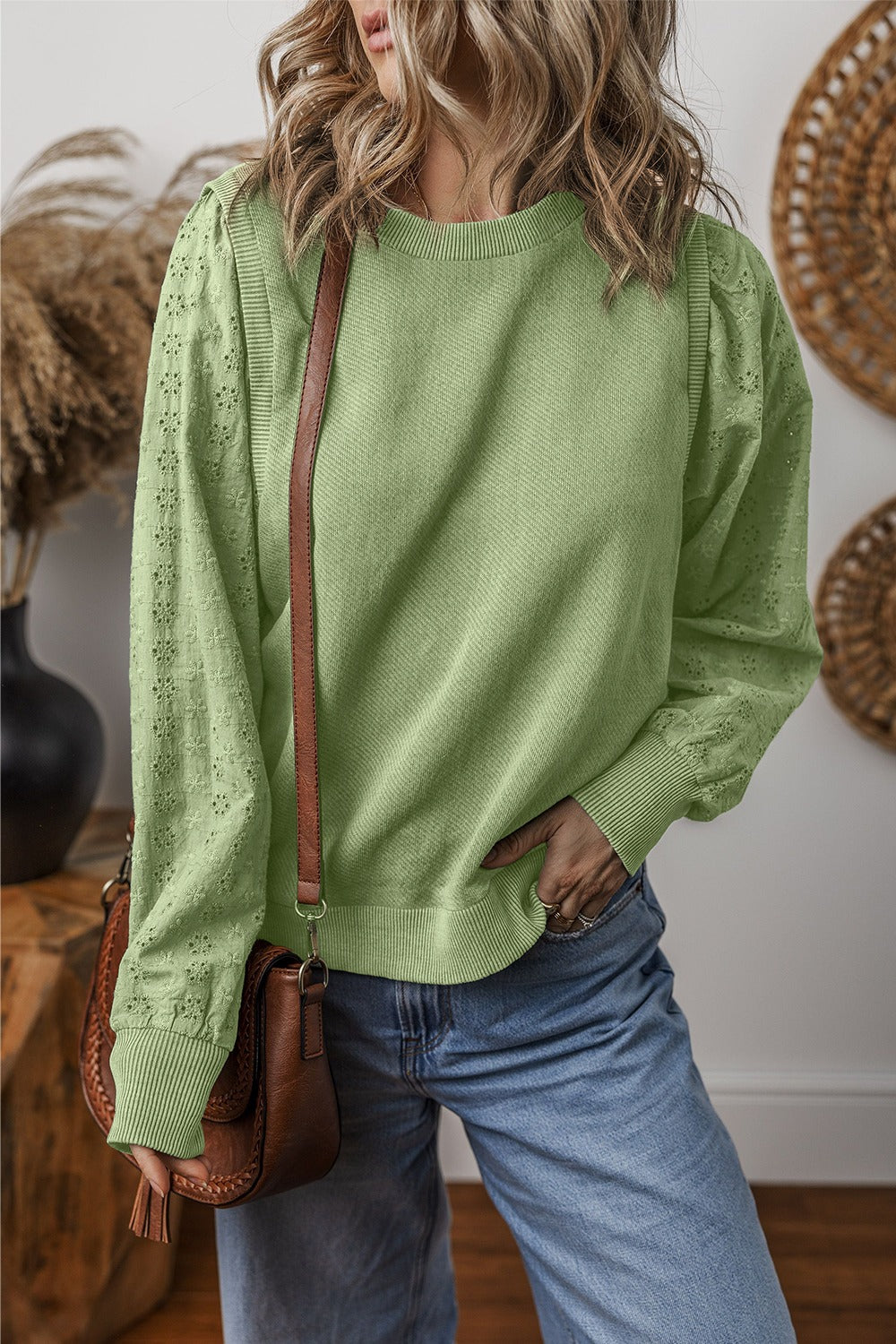 Eyelet Round Neck Long Sleeve Sweatshirt - Tippy Jean