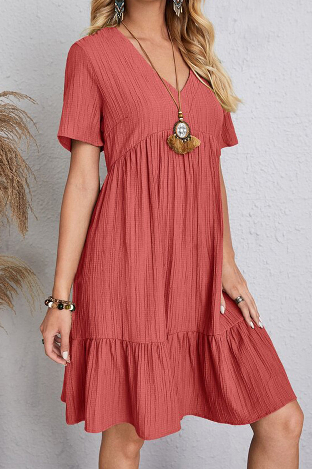 Full Size Ruched V-Neck Short Sleeve Dress - Tippy Jean