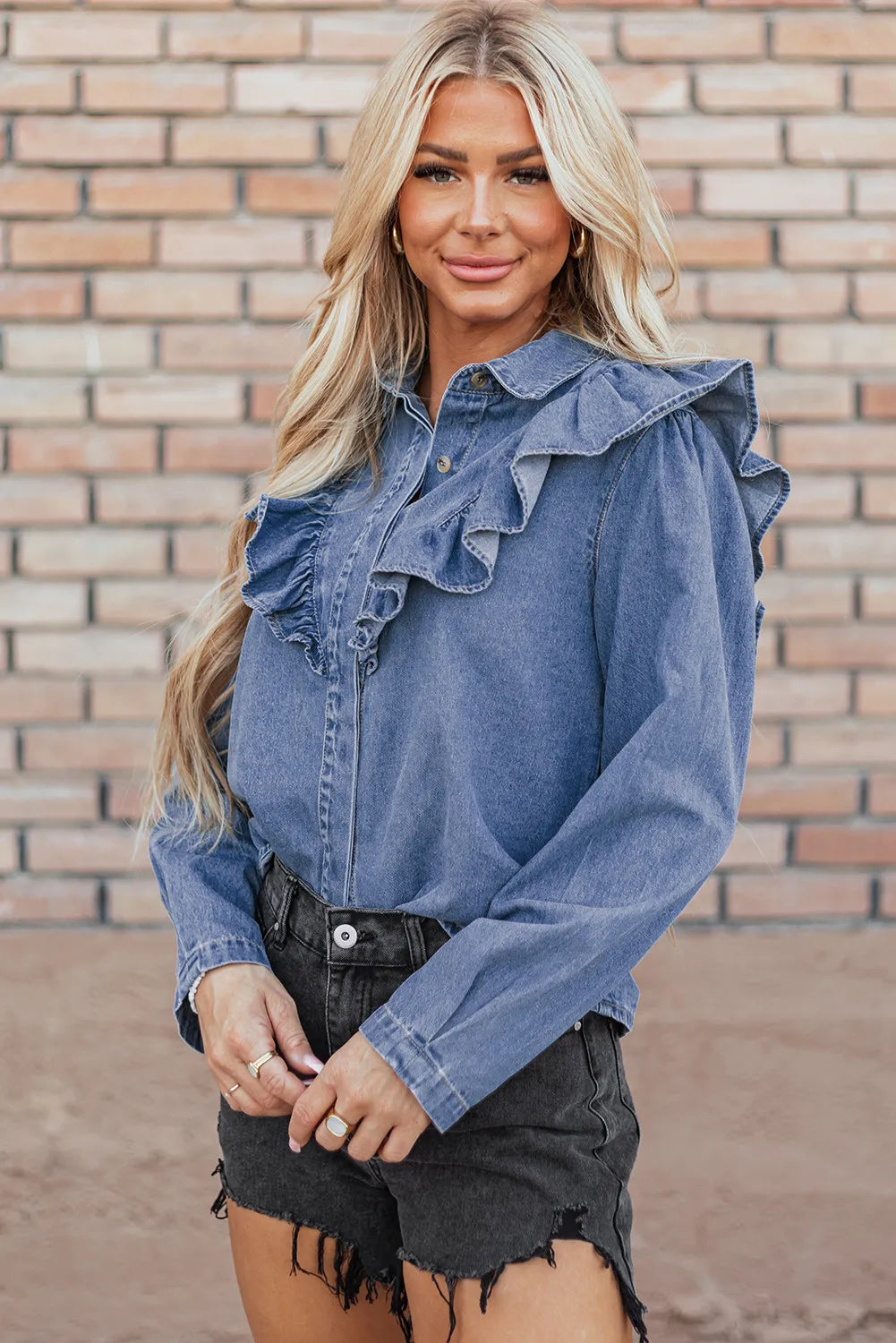 Ruffled Round Neck Long Sleeve Denim Top - Tippy Jean