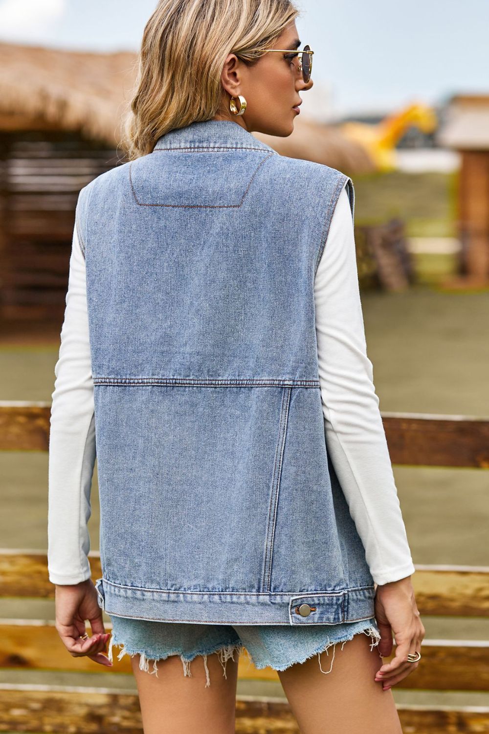 Sleeveless Collared Neck Denim Top with Pockets - Tippy Jean