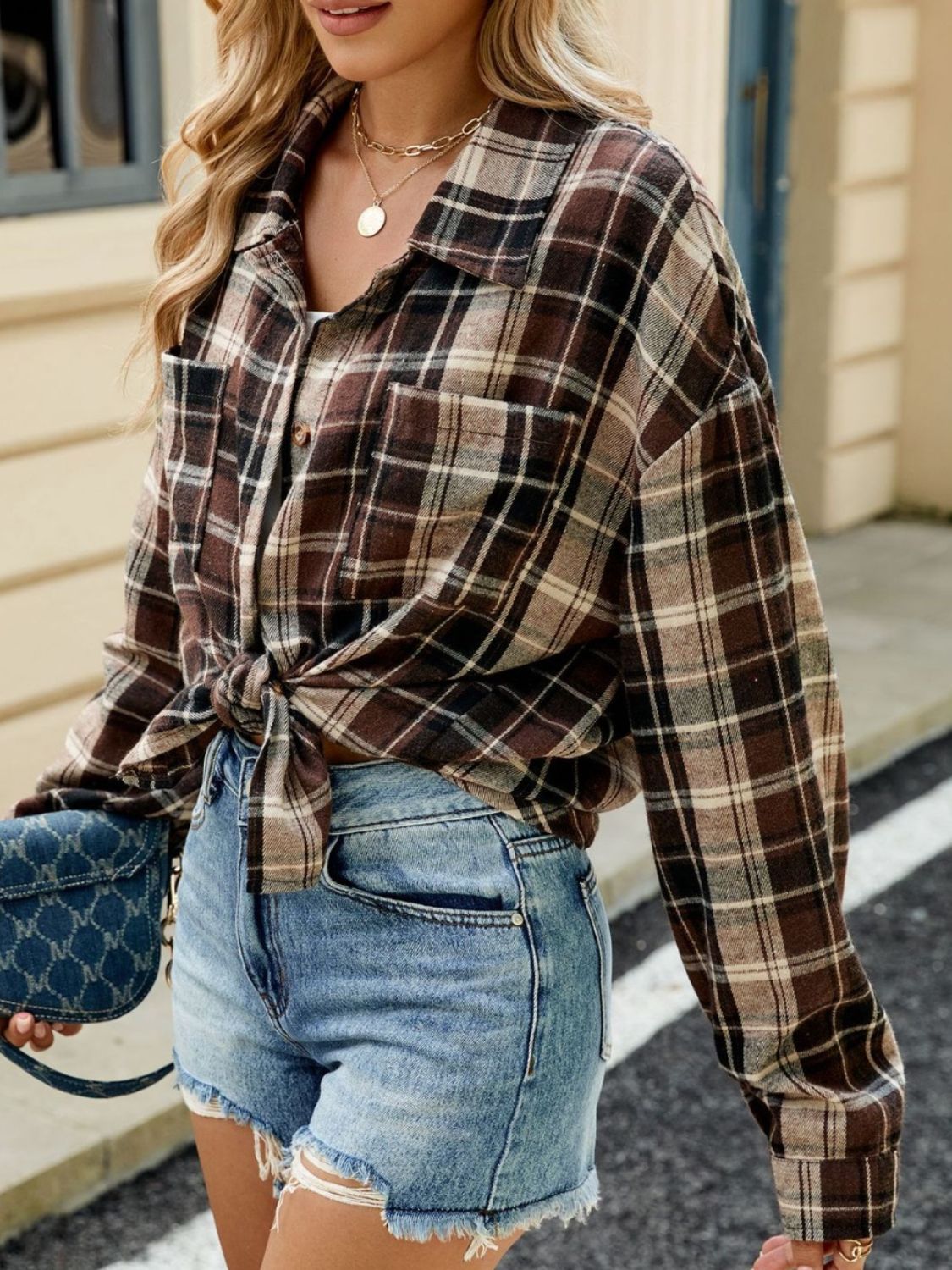 Plaid Collared Neck Long Sleeve Shirt - Tippy Jean