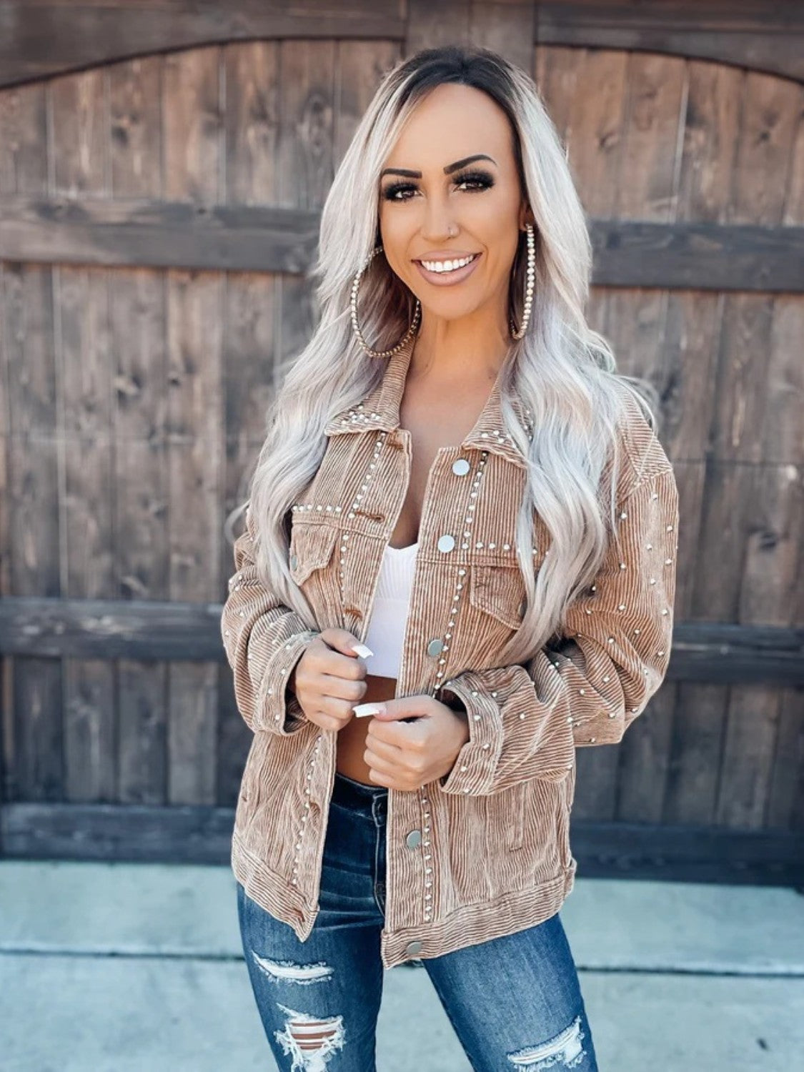 Studded Collared Neck Button Down Jacket - Tippy Jean