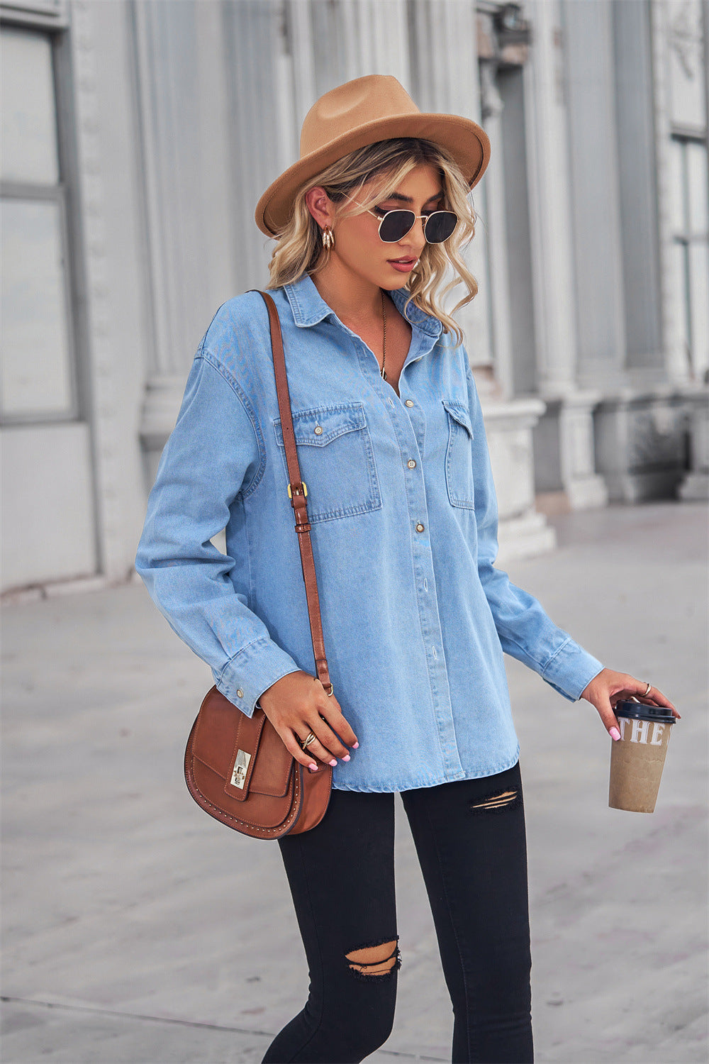 Collared Neck Dropped Shoulder Denim Top - Tippy Jean