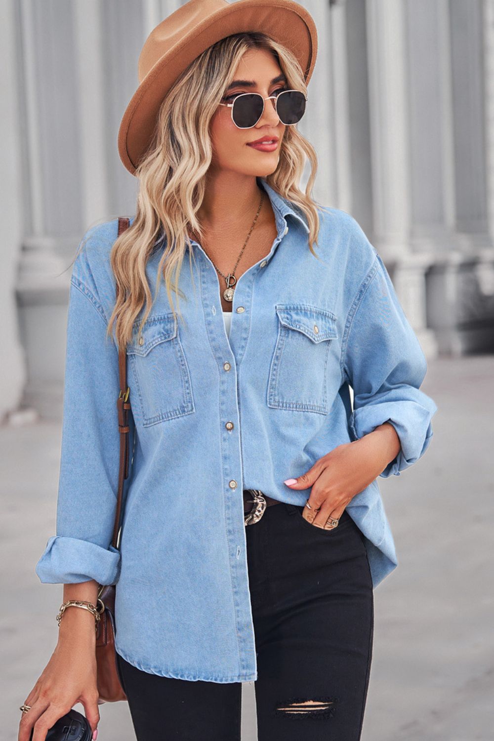 Collared Neck Dropped Shoulder Denim Top - Tippy Jean