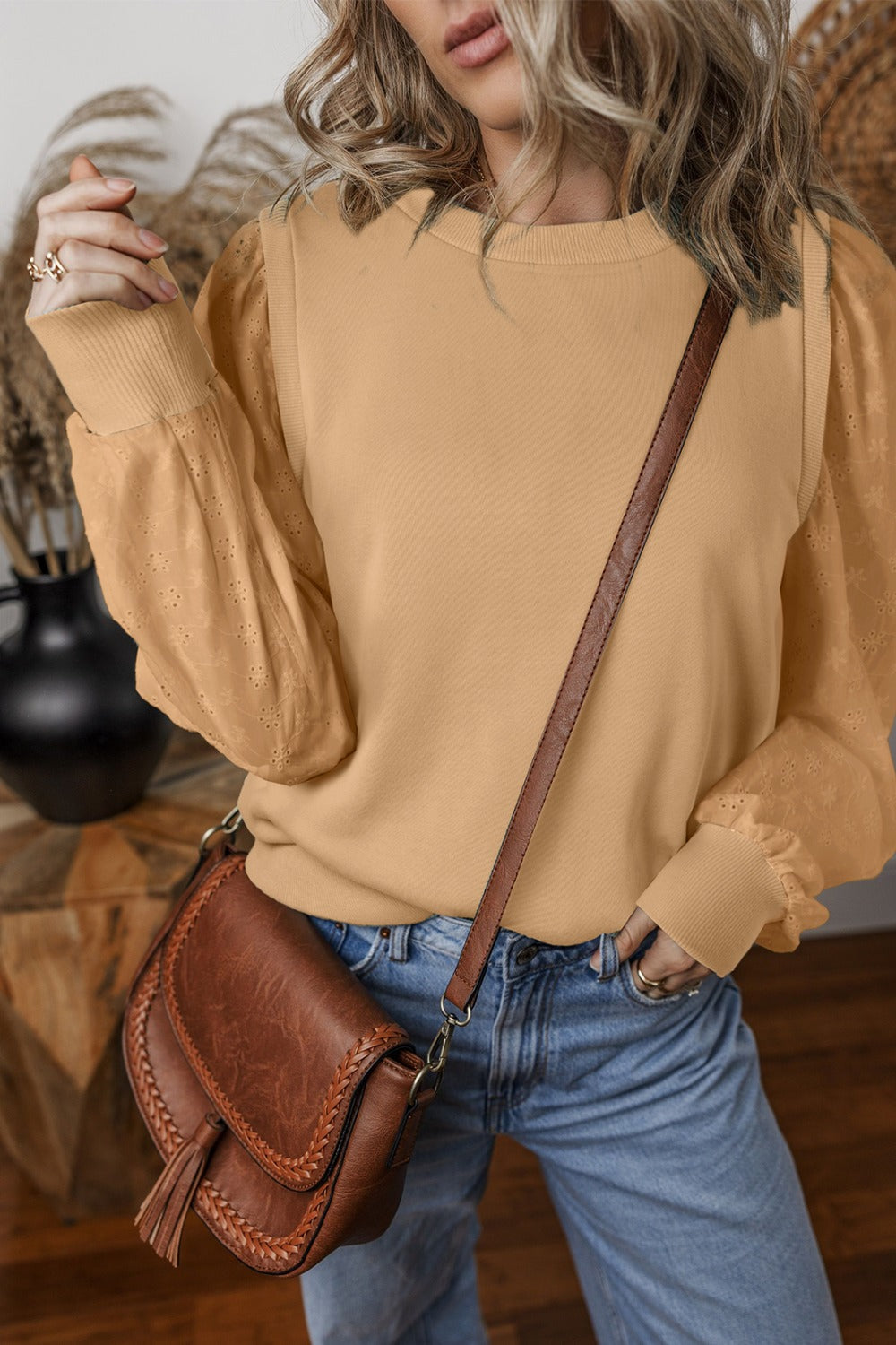 Eyelet Round Neck Long Sleeve Sweatshirt - Tippy Jean