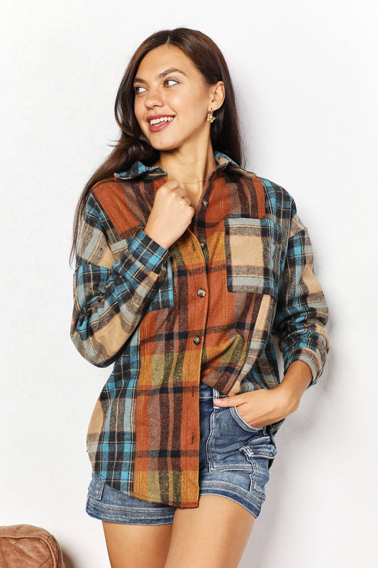 Double Take Plaid Curved Hem Shirt Jacket with Breast Pockets - Tippy Jean