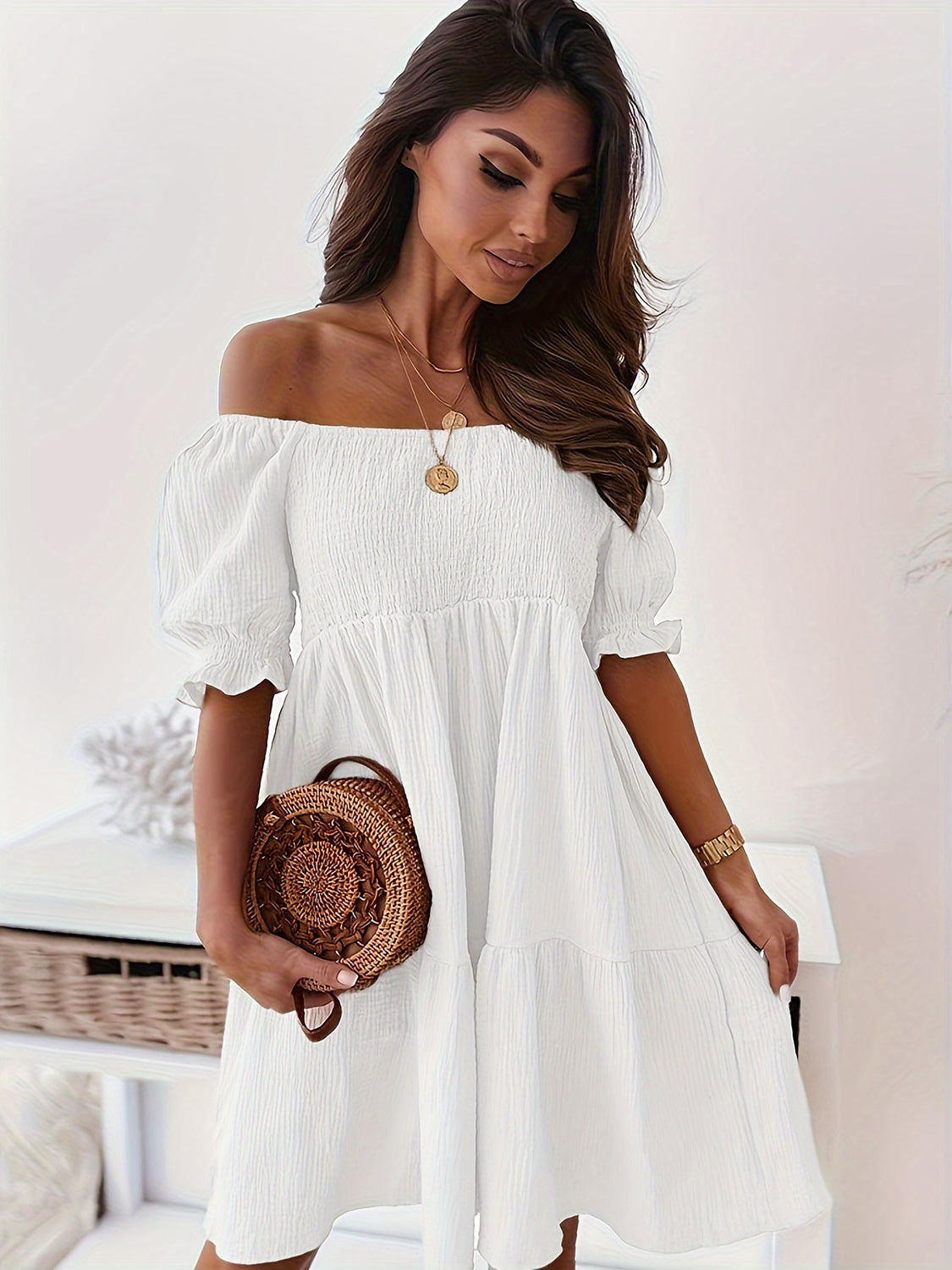 Full Size Ruffled Off-Shoulder Short Sleeve Dress - Tippy Jean