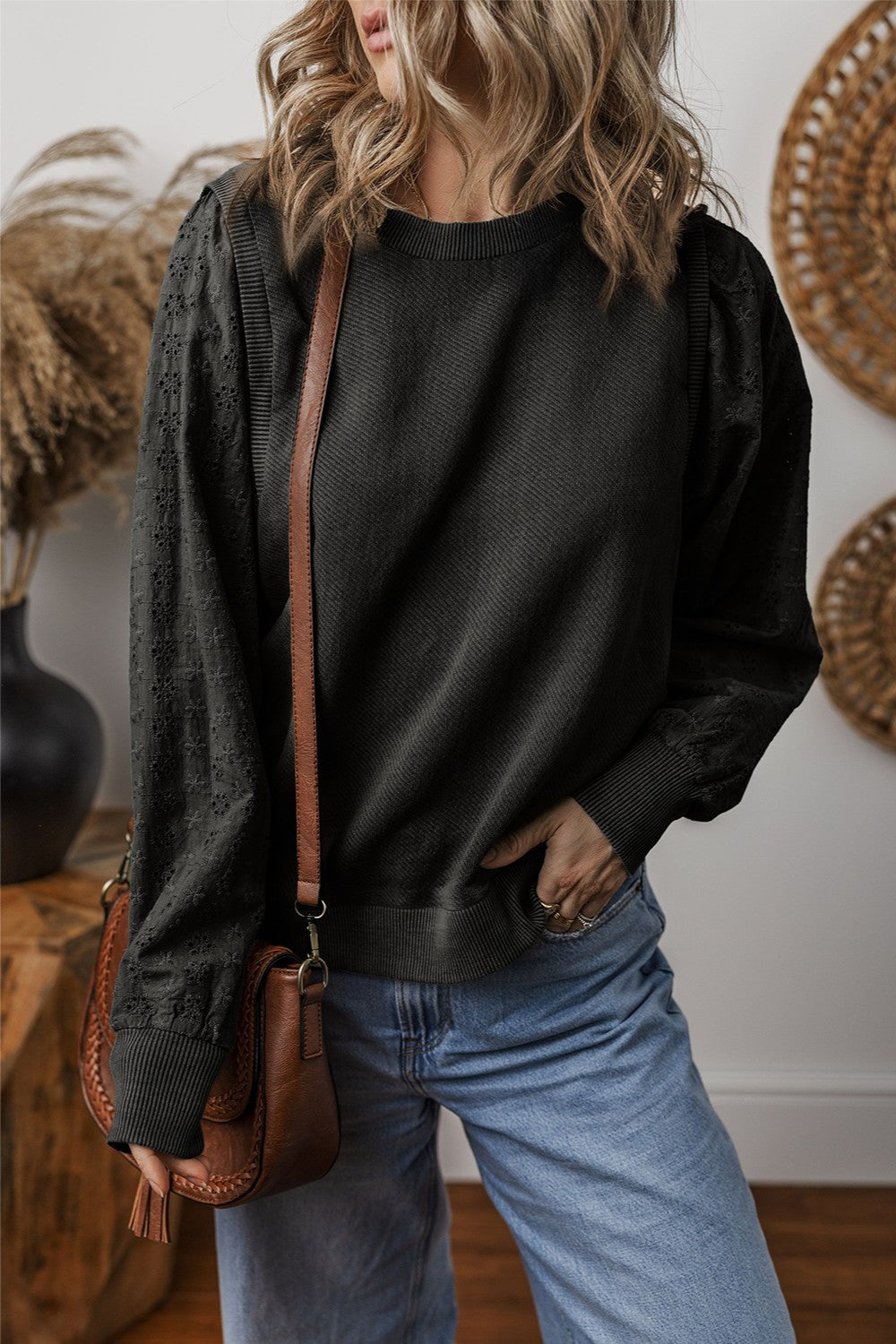 Eyelet Round Neck Long Sleeve Sweatshirt - Tippy Jean