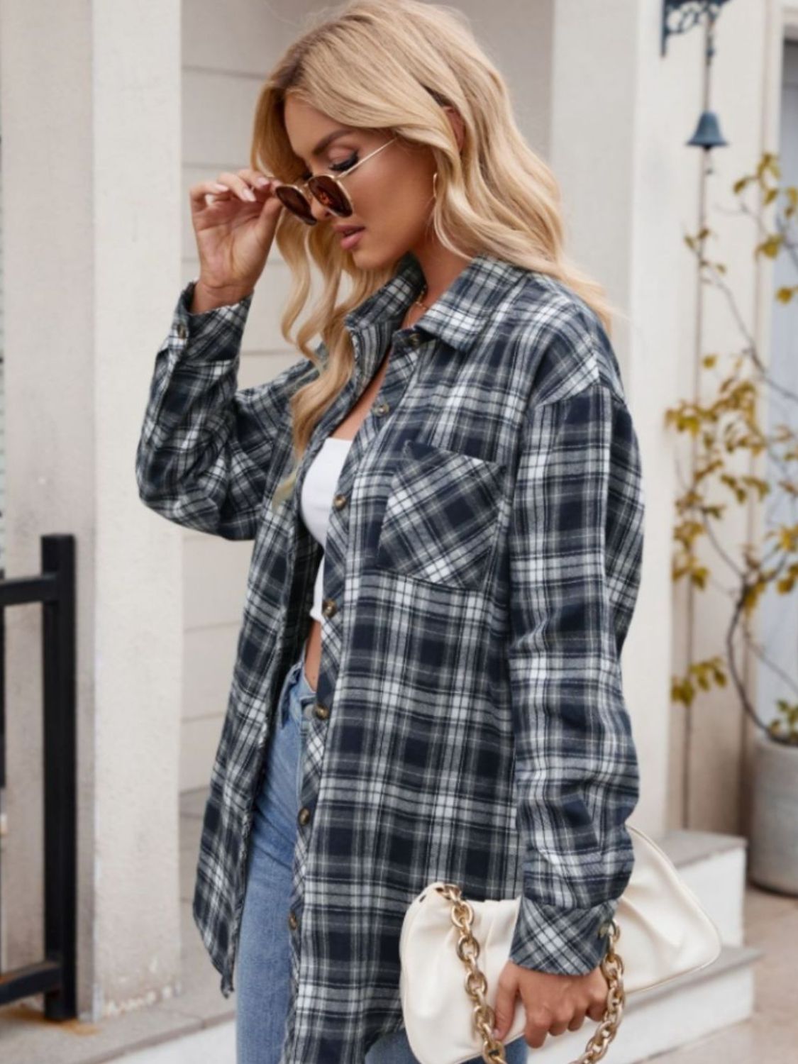 Mandy Pocketed Plaid Collared Neck Long Sleeve Shirt - Tippy Jean