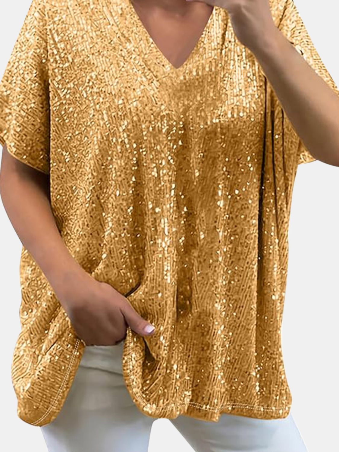 Full Size Sequin V-Neck Short Sleeve Top - Tippy Jean