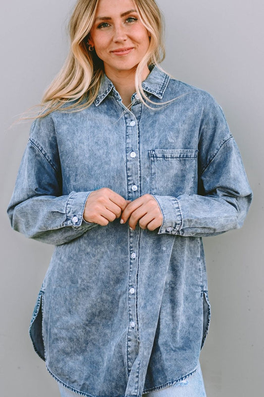 Button Up Dropped Shoulder Denim Top - Tippy Jean