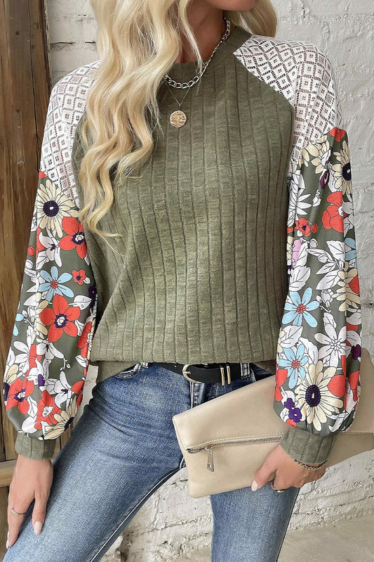 Printed Round Neck Long Sleeve Top - Tippy Jean