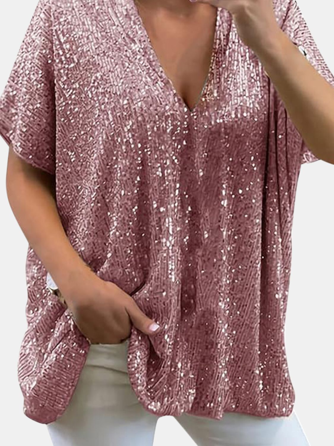 Full Size Sequin V-Neck Short Sleeve Top - Tippy Jean