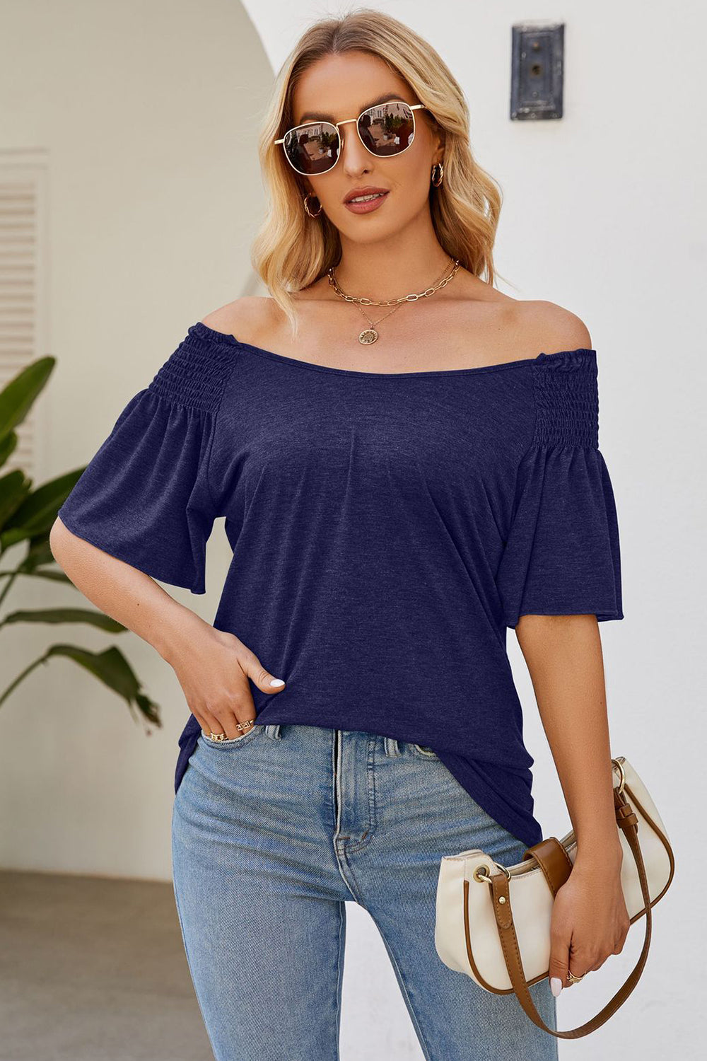 Smocked Round Neck Flutter Sleeve T-Shirt - Tippy Jean