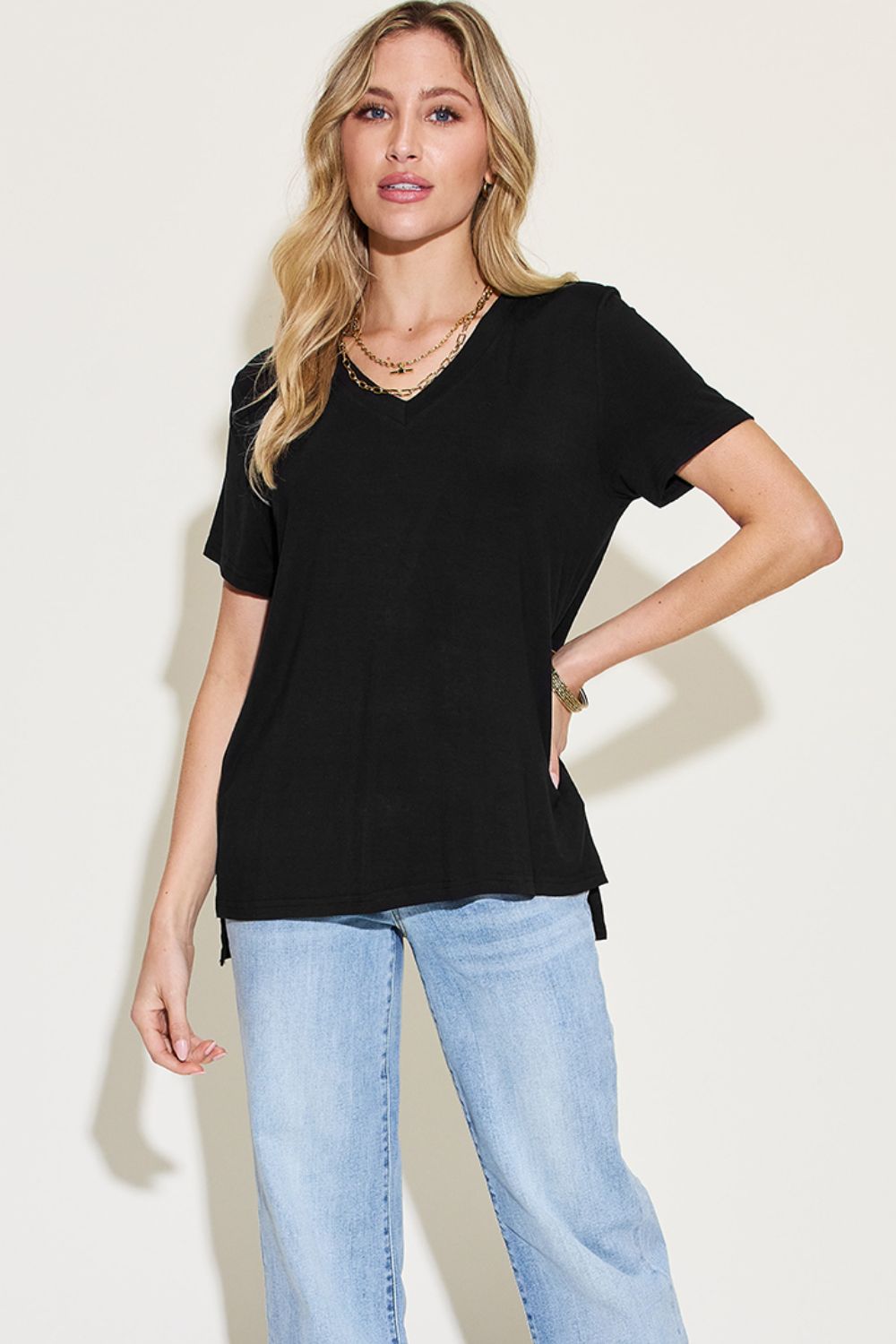 Basic Bae Full Size V-Neck High-Low T-Shirt - Tippy Jean