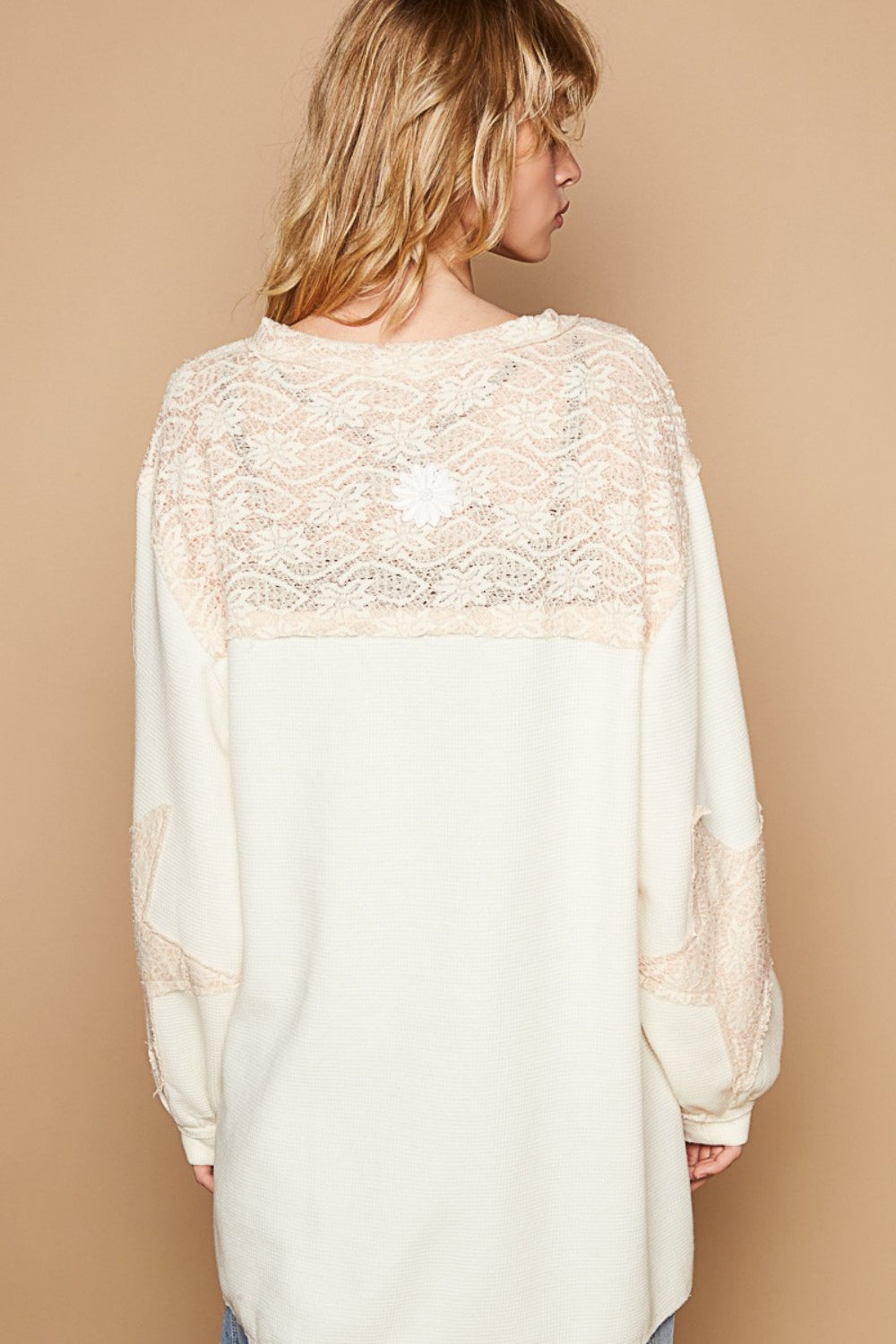 POL Round Neck Long Sleeve Crochet Patches Top - Tippy Jean