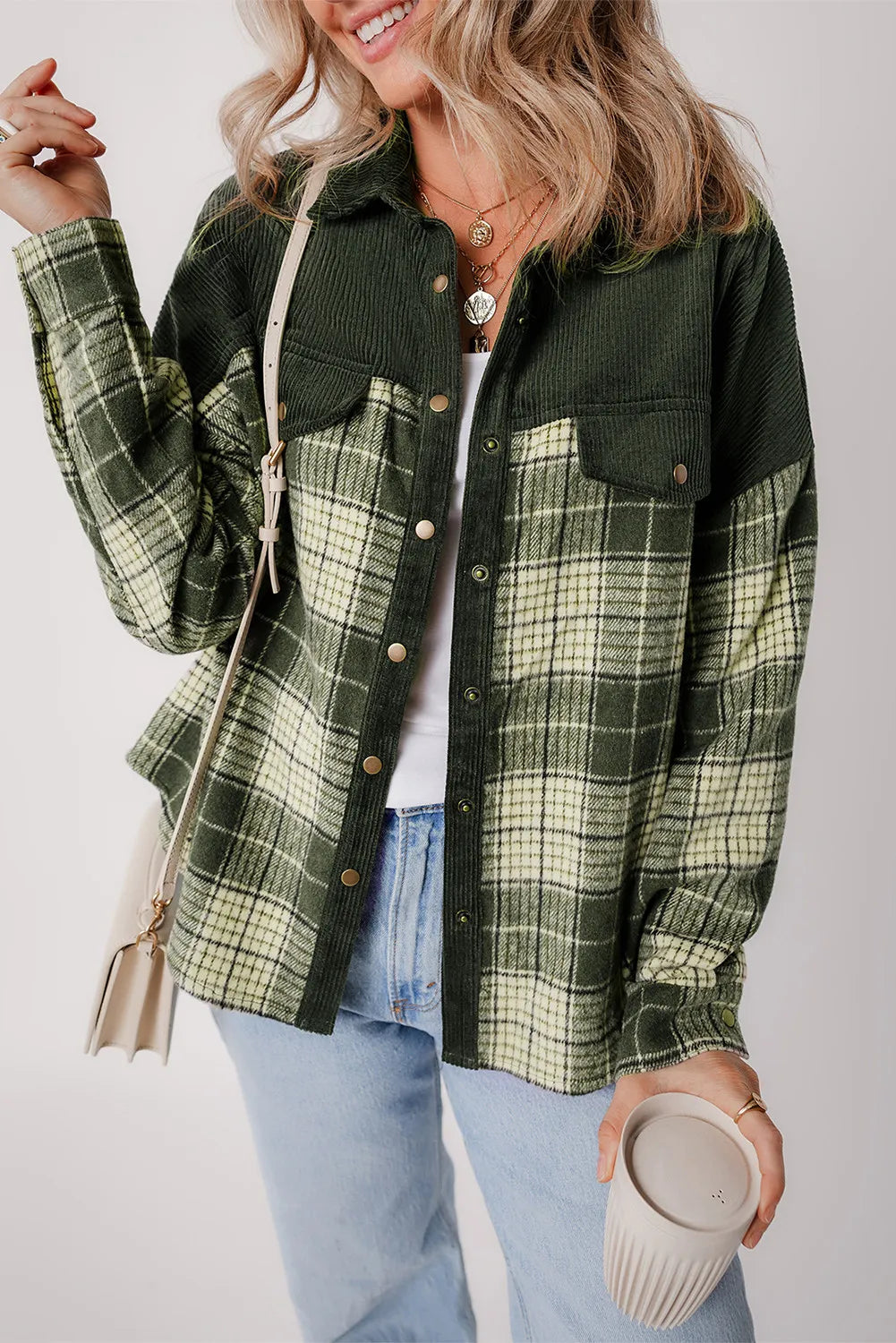 Plaid Button Up Long Sleeve Jacket - Tippy Jean