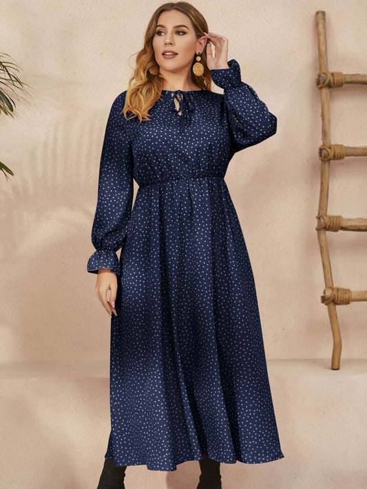 Honey Plus Size Ruffled Polka Dot Long Sleeve Midi Dress - Tippy Jean