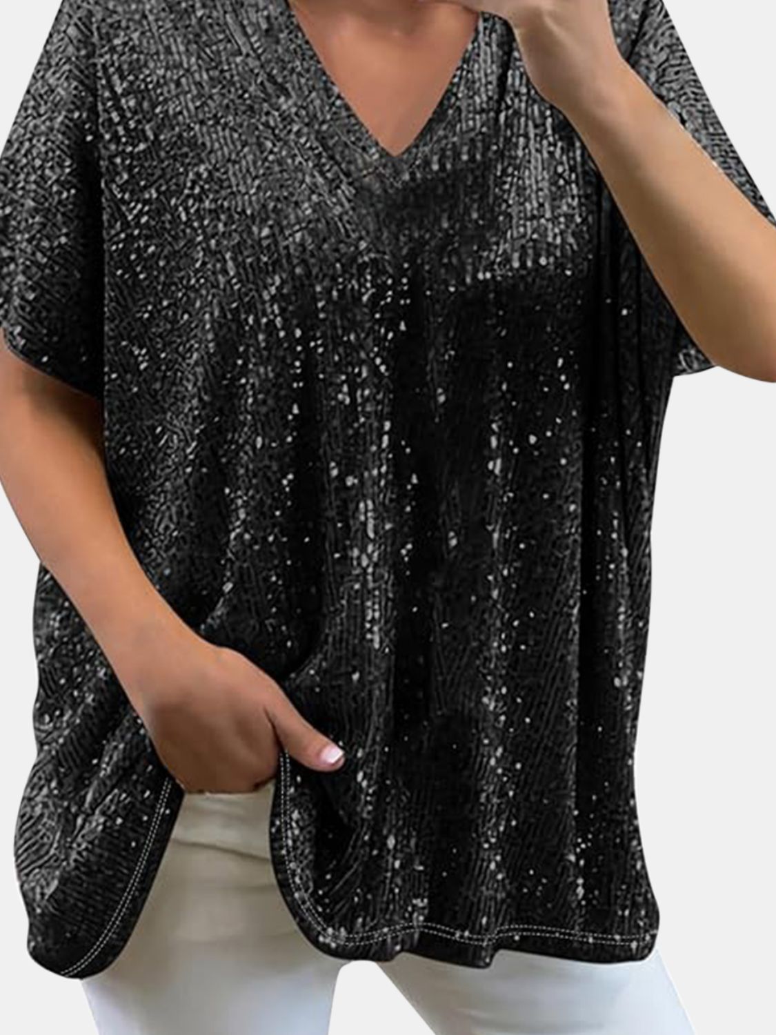 Full Size Sequin V-Neck Short Sleeve Top - Tippy Jean