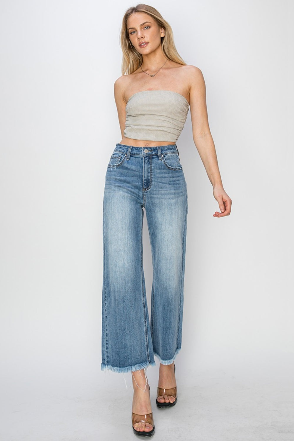 RISEN Raw Hem Cropped Wide Leg Jeans - Tippy Jean