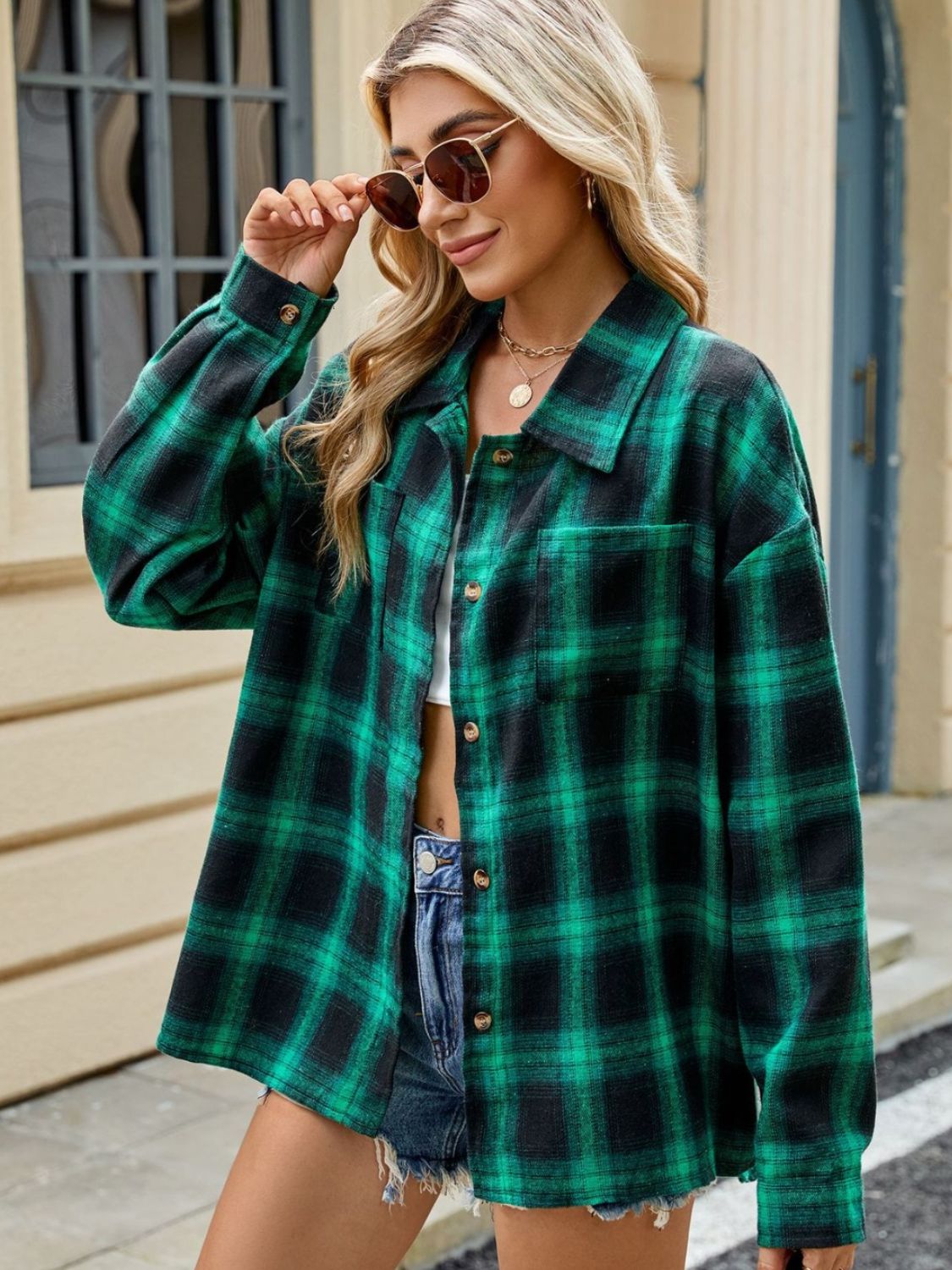 Plaid Collared Neck Long Sleeve Shirt - Tippy Jean