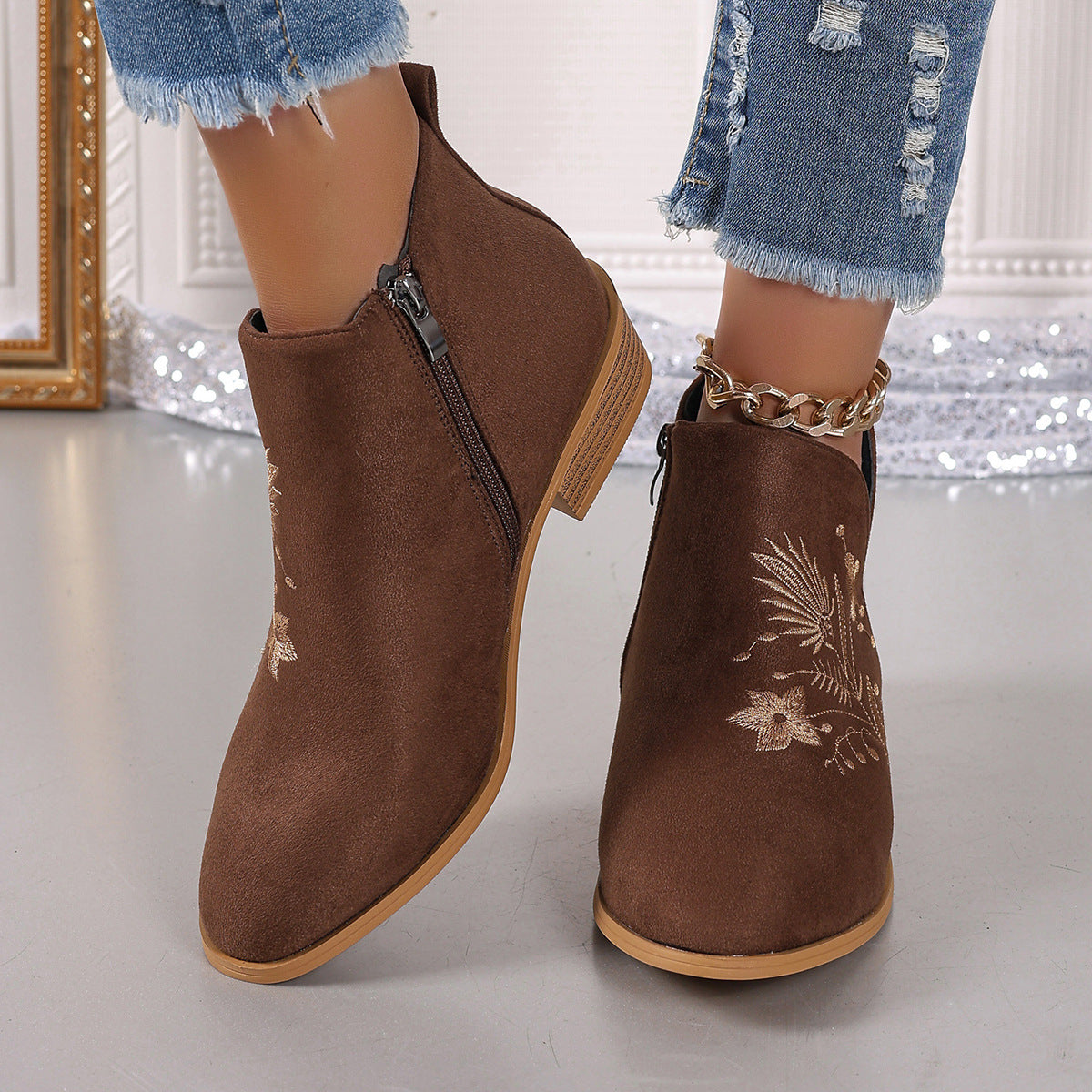 Embroidered Suede Point Toe Block Heel Boots - Tippy Jean