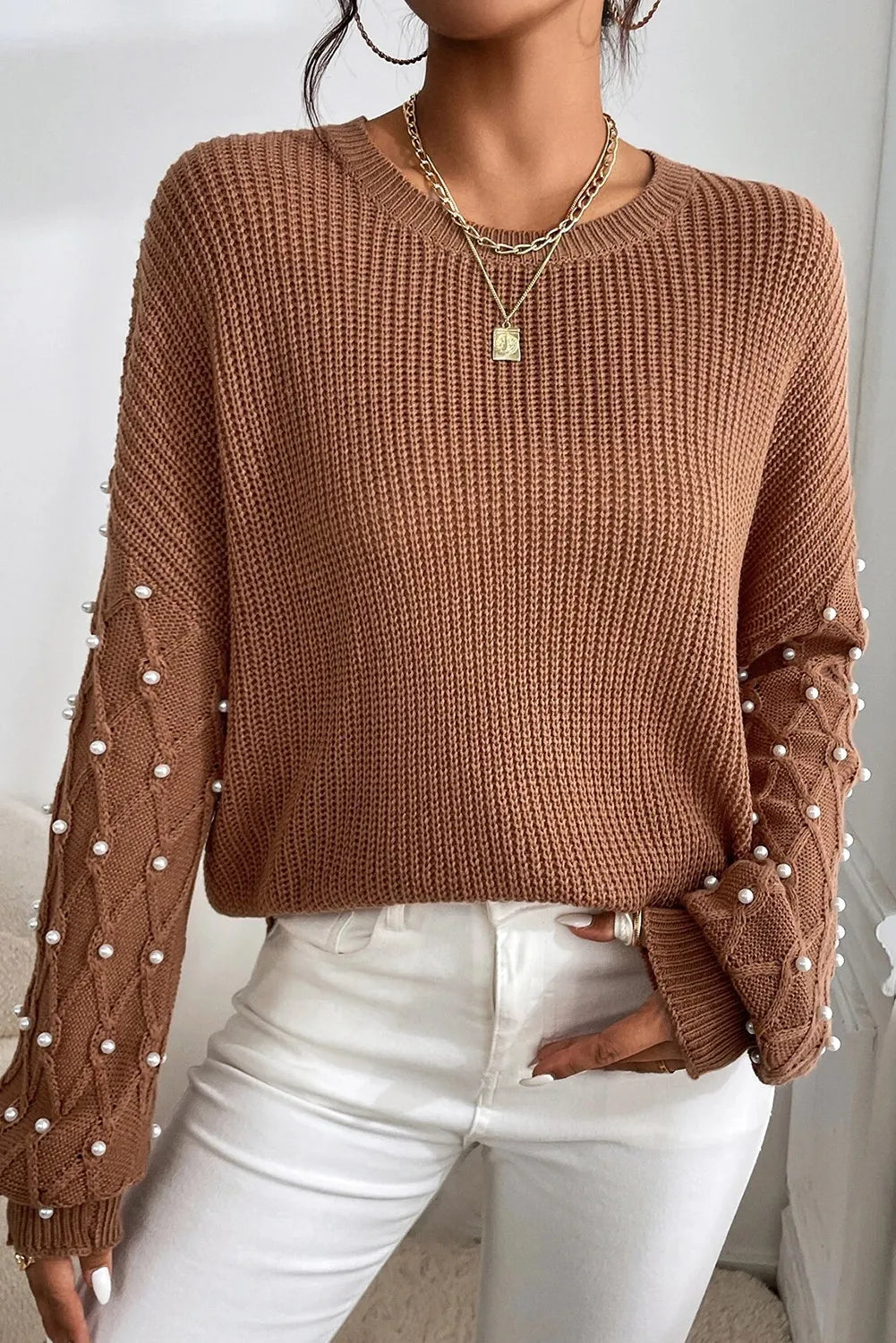 Pearl Detail Round Neck Long Sleeve Sweater - Tippy Jean