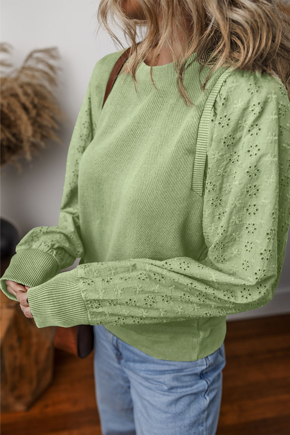 Eyelet Round Neck Long Sleeve Sweatshirt - Tippy Jean