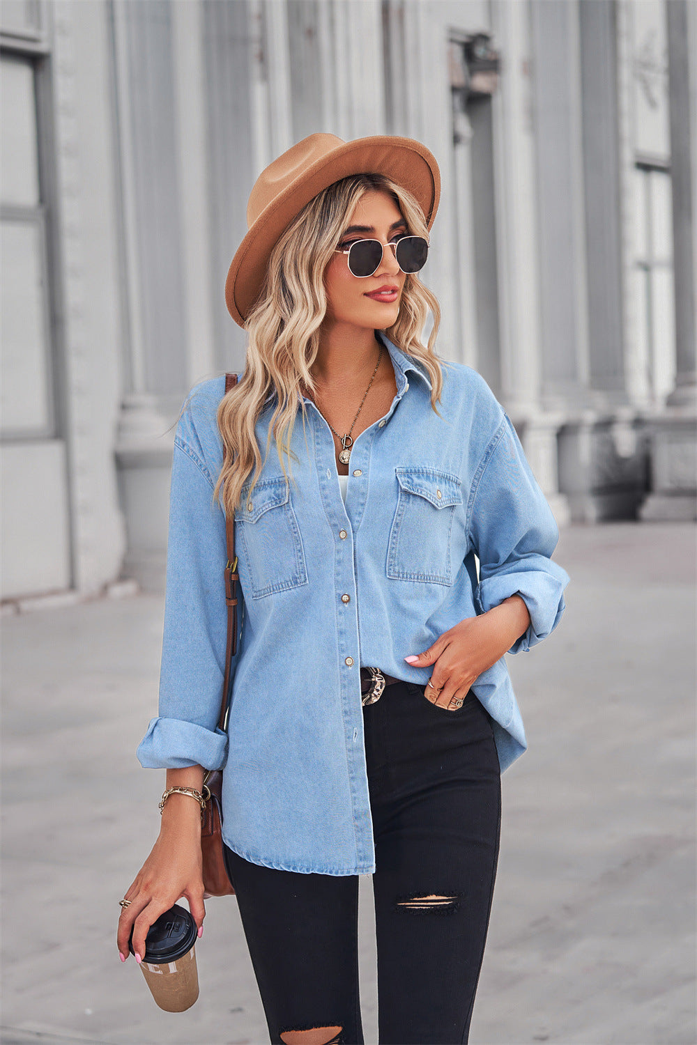 Collared Neck Dropped Shoulder Denim Top - Tippy Jean