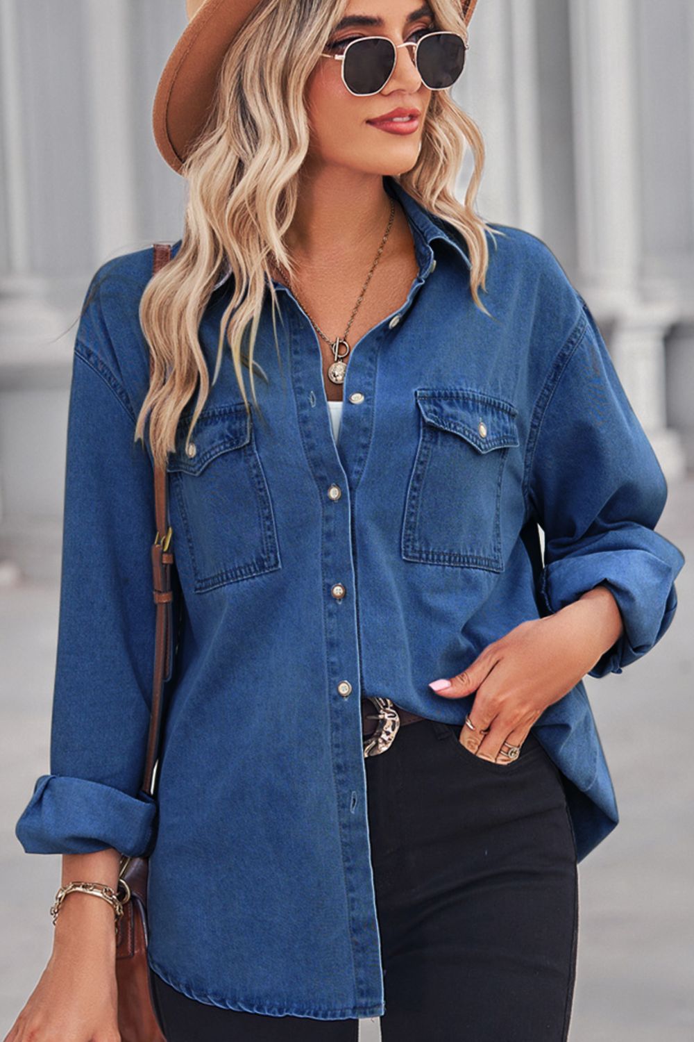 Collared Neck Dropped Shoulder Denim Top - Tippy Jean