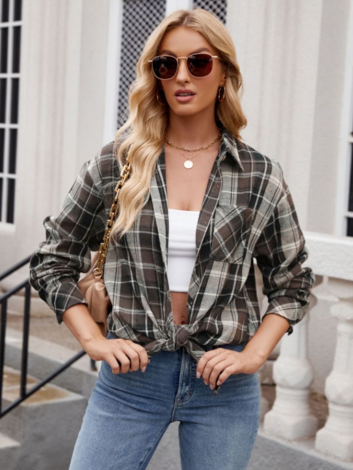 Mandy Pocketed Plaid Collared Neck Long Sleeve Shirt - Tippy Jean