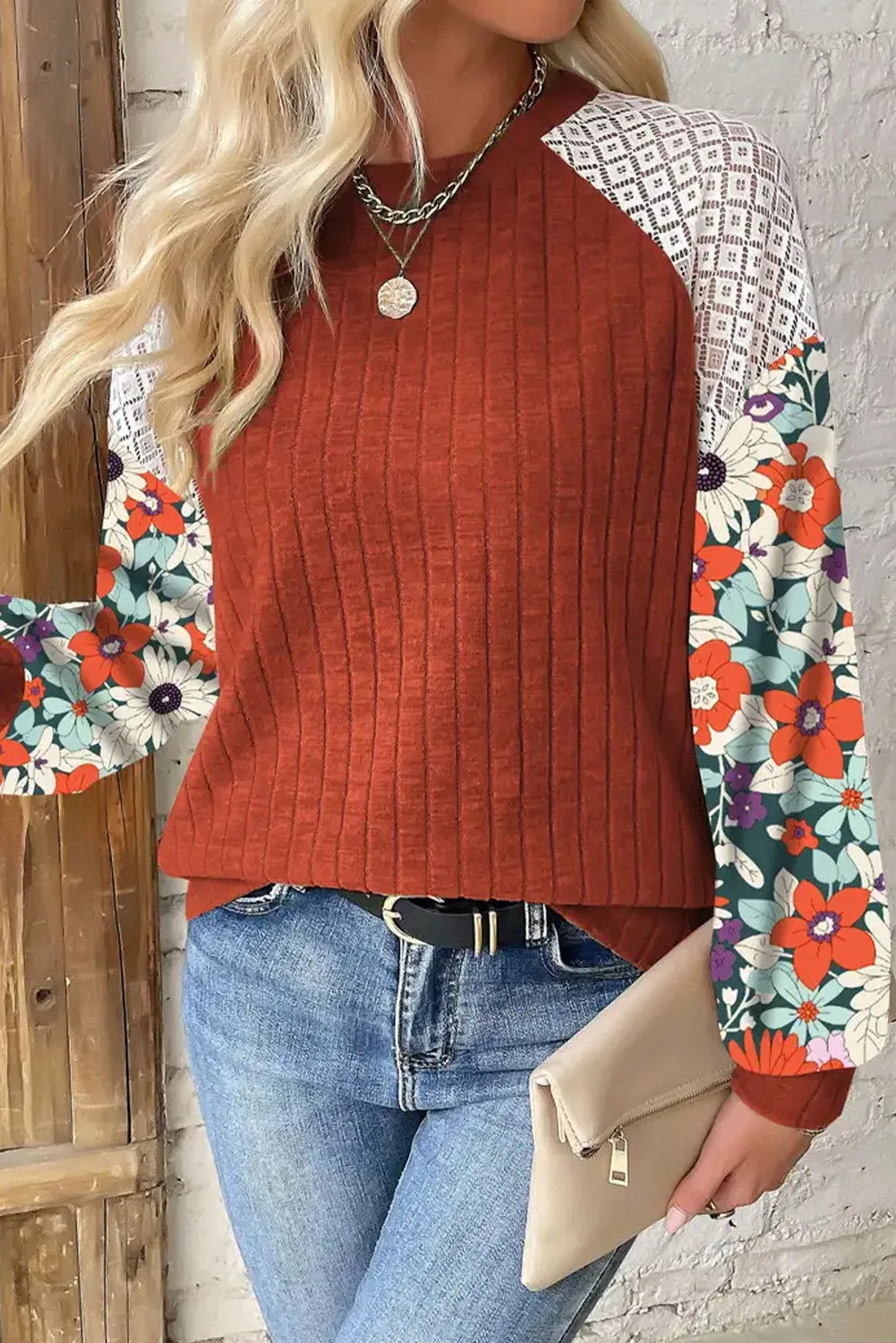 Printed Round Neck Long Sleeve Top - Tippy Jean