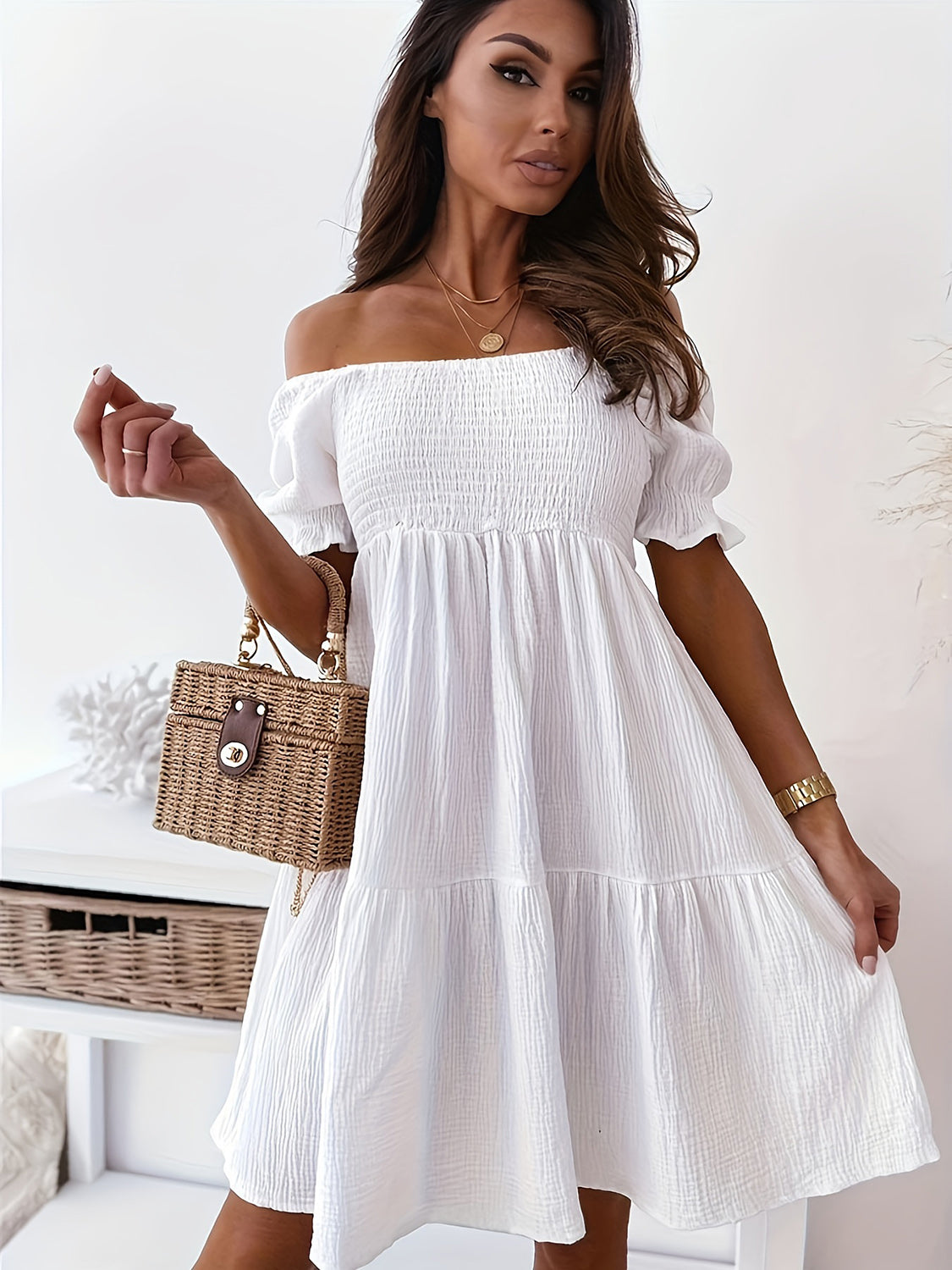 Full Size Ruffled Off-Shoulder Short Sleeve Dress - Tippy Jean