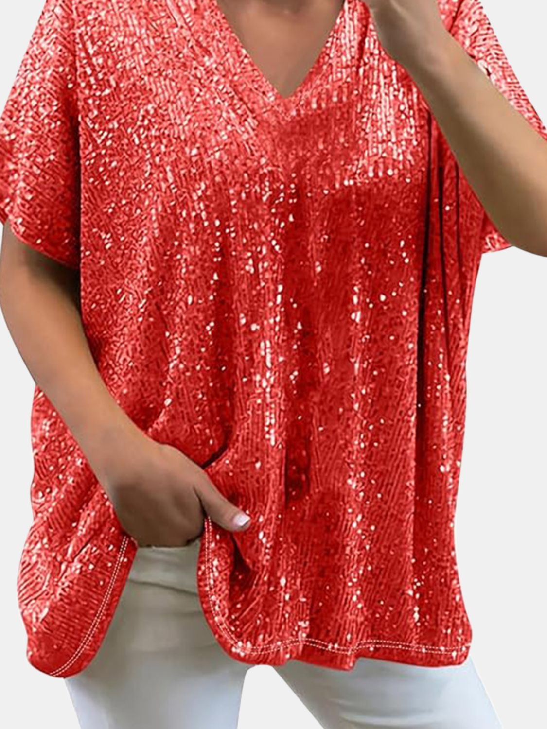 Full Size Sequin V-Neck Short Sleeve Top - Tippy Jean