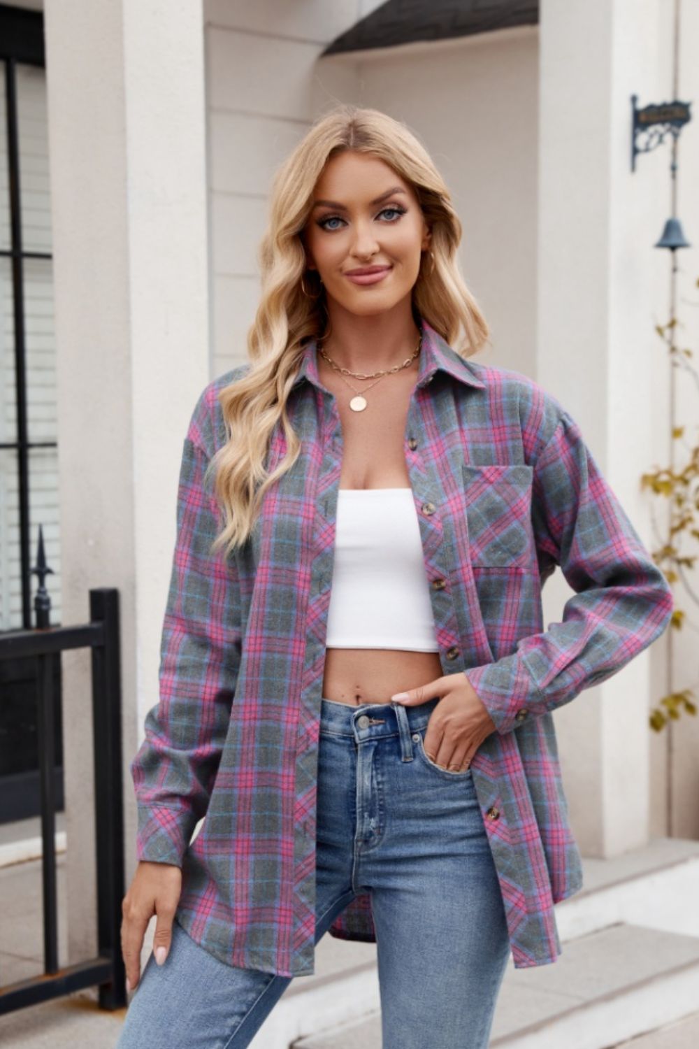 Mandy Pocketed Plaid Collared Neck Long Sleeve Shirt - Tippy Jean