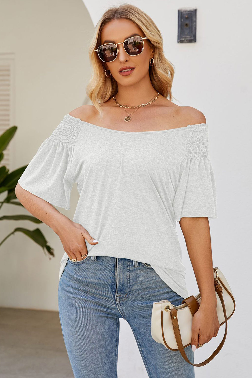 Smocked Round Neck Flutter Sleeve T-Shirt - Tippy Jean